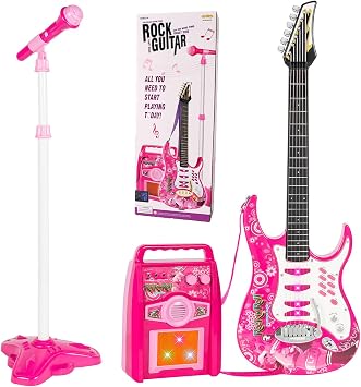 iMeshbean Guitar and Microphone Play Set for Kids, Adjustable Height Microphone Stand, Electric Guitar Amplifier Set Karaoke Musical Instruments for Kids Girls Boys Pink