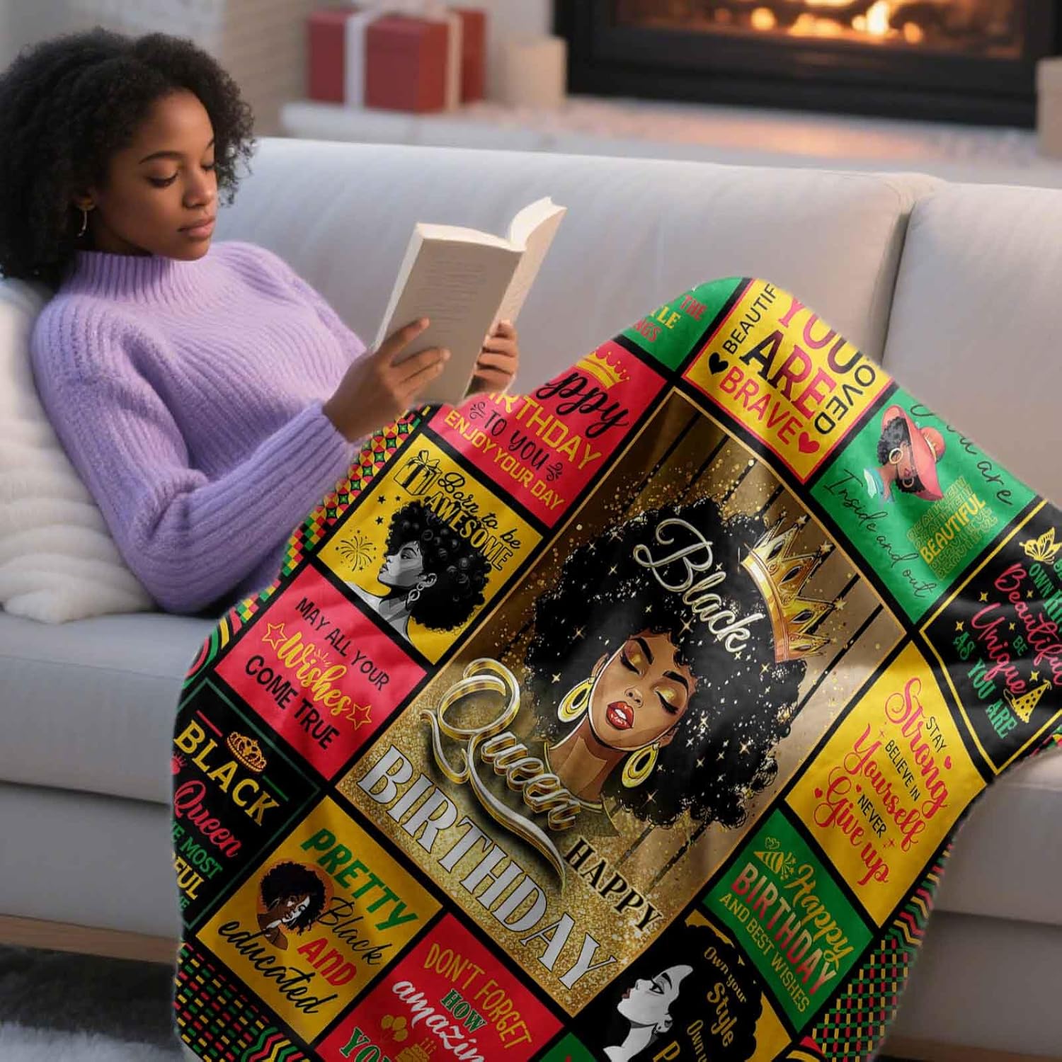 African American Birthday Gifts for Women, Happy Birthday Gifts for Black Lady Women Positive Encouragement Inspirational Bday Blanket 60"X50", Afro Gilrs Blanket
