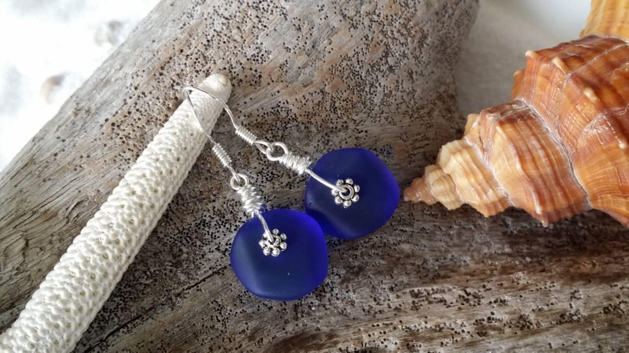 YInahawaii Handmade cobalt blue sea glass earrings, (Hawaii Gift Wrapped, Customizable Gift Message)