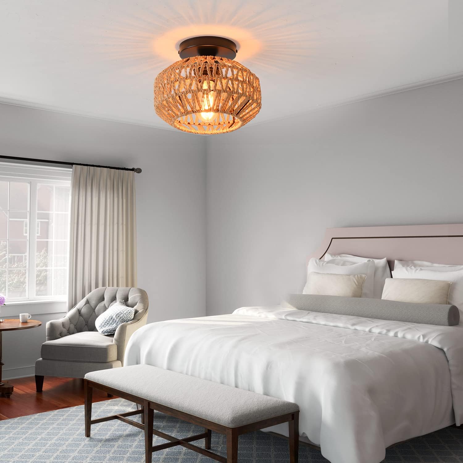 2 Pack Farmhouse Light Fixtures Ceiling Mount,Mini Rattan Boho Semi Flush Mount Ceiling Light,Hand Woven Hallway Light Fixtures for Bedroom Entryway Nursery Study Room