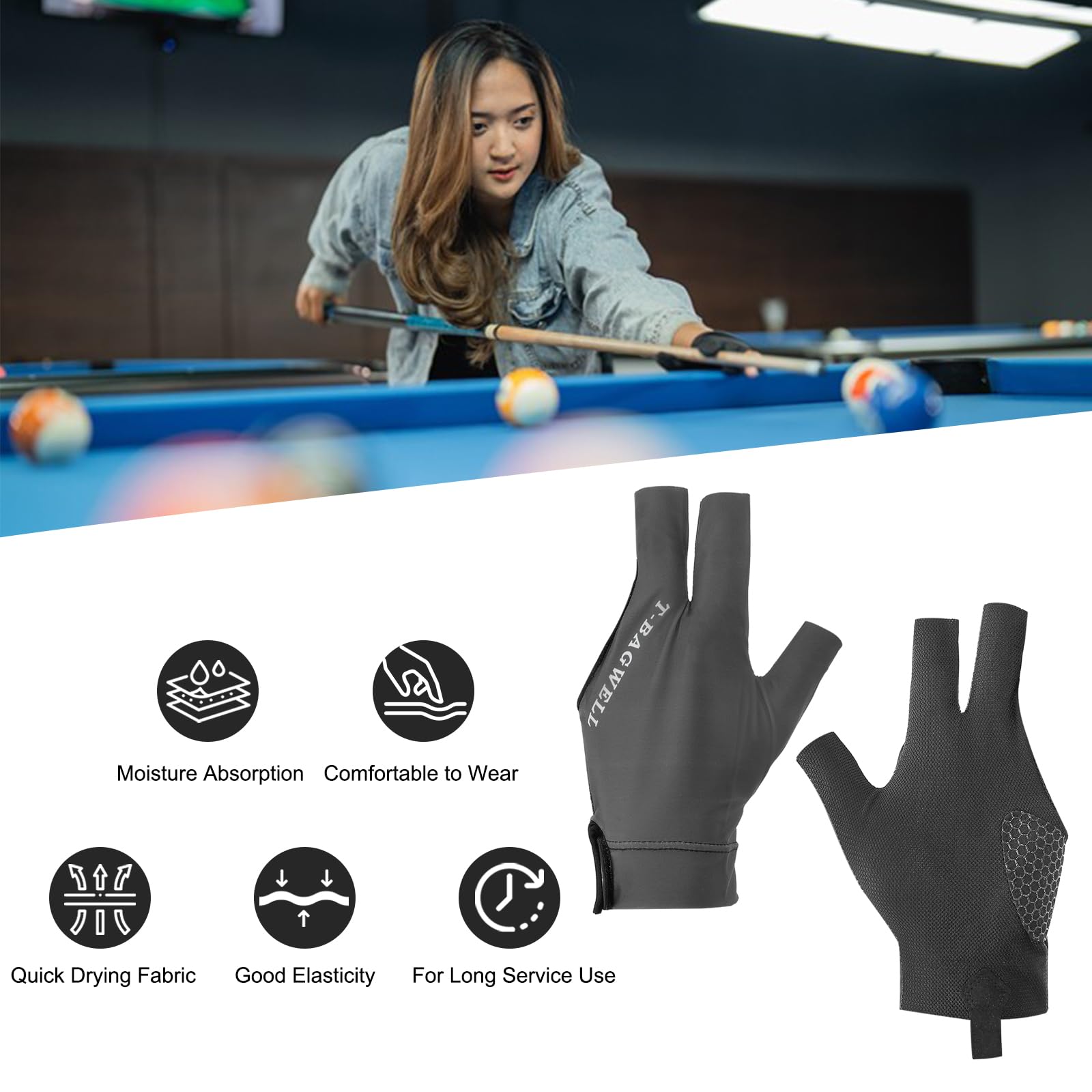 PATIKIL 3 Finger Pool Glove Left Hand, 2 Pcs Billiard Gloves Pool Cue Accessories for Shooter Carom Pool Snooker Cue Sport Grey - Image 4