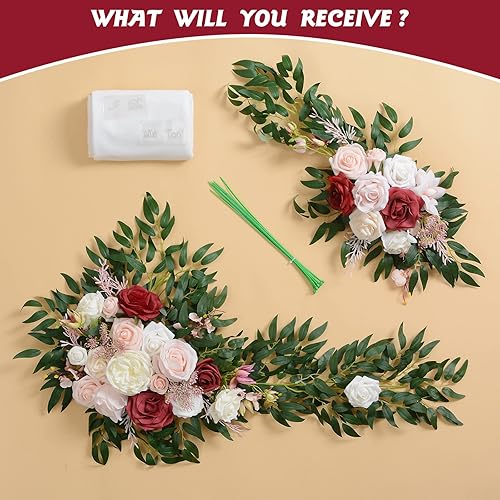 Miniatura 7 de Kit de flores artificiales para arco de boda, 2 arreglos florales con temática de rosa polvoriento y borgoña, 1 cortina de tela blanca, para ramos