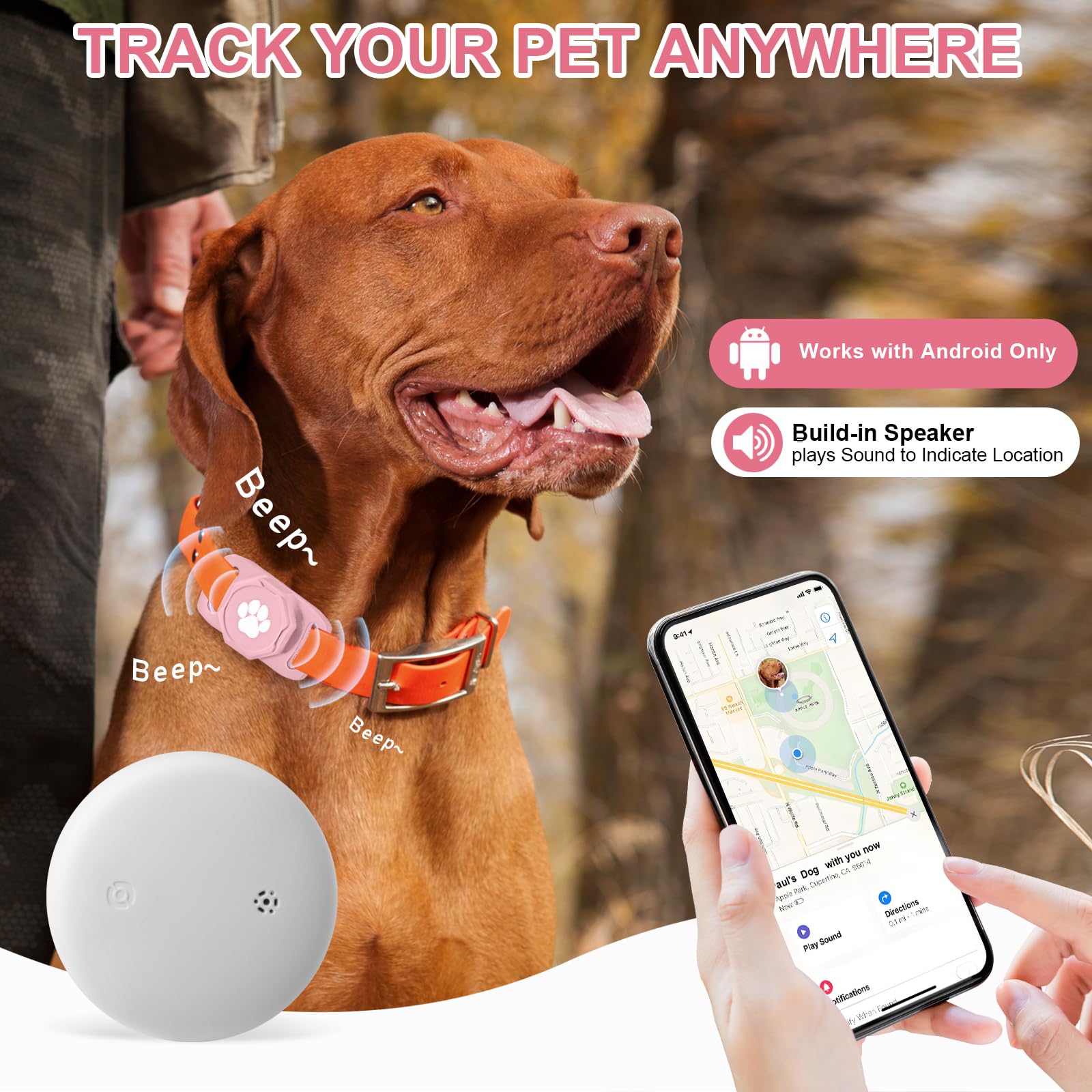 Tracker intelligent pour collier – Tracker de localisation de chien avec support, compatible avec Google Android uniquement (pas pour iOS), rose