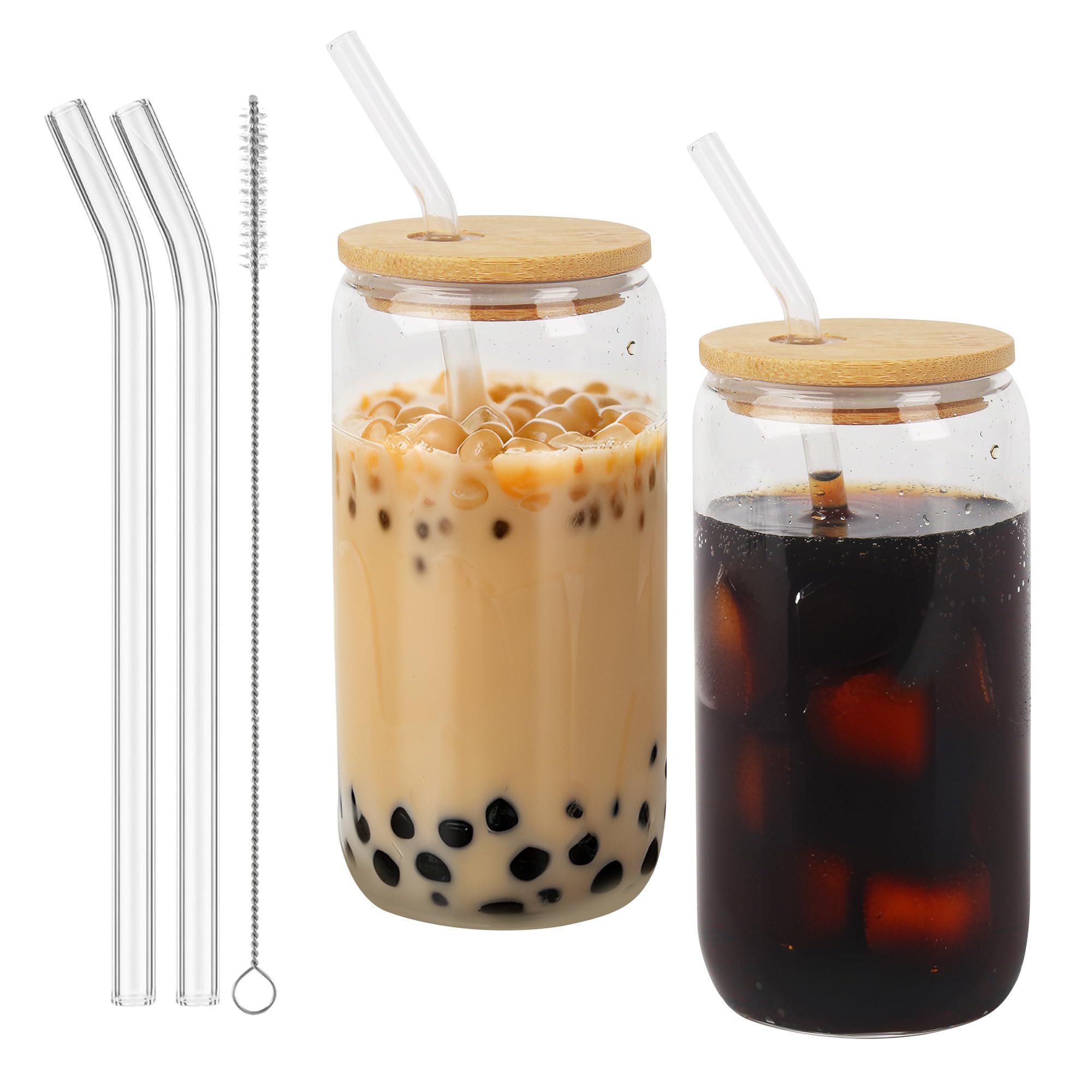 HAOYULUO Glas mit Deckel und Strohhalm, 500 ml Trinkgläser mit deckel, Dosenförmige Glasbecher, Geeignet für Eiskaffeetassen, Limonaden, Smoothies, Bier, Cocktails (2 Pack)