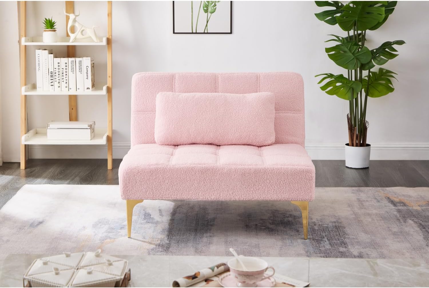 Convertible Single Sofa Bed Futon with Gold Metal Legs - Pink Teddy Fabric