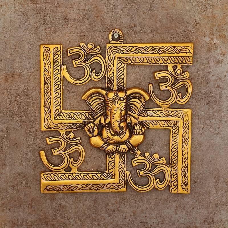 Dalvkot Ganesh Idol on Om Swastik Metal Wall Hanging for Home Decor (9 X 9 Inches)