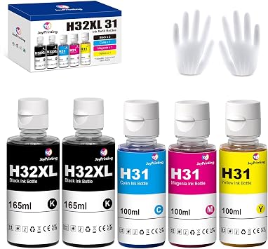 31 32XL Ink Bottle Set Compatible with HP 31 Ink Bottle Set 32XL Black Ink Bottle Work for Smart Tank 5000 5101 7602 6001 7301 5102 5103 570 651 455 457 450 BK 165ML, CMY 100ML