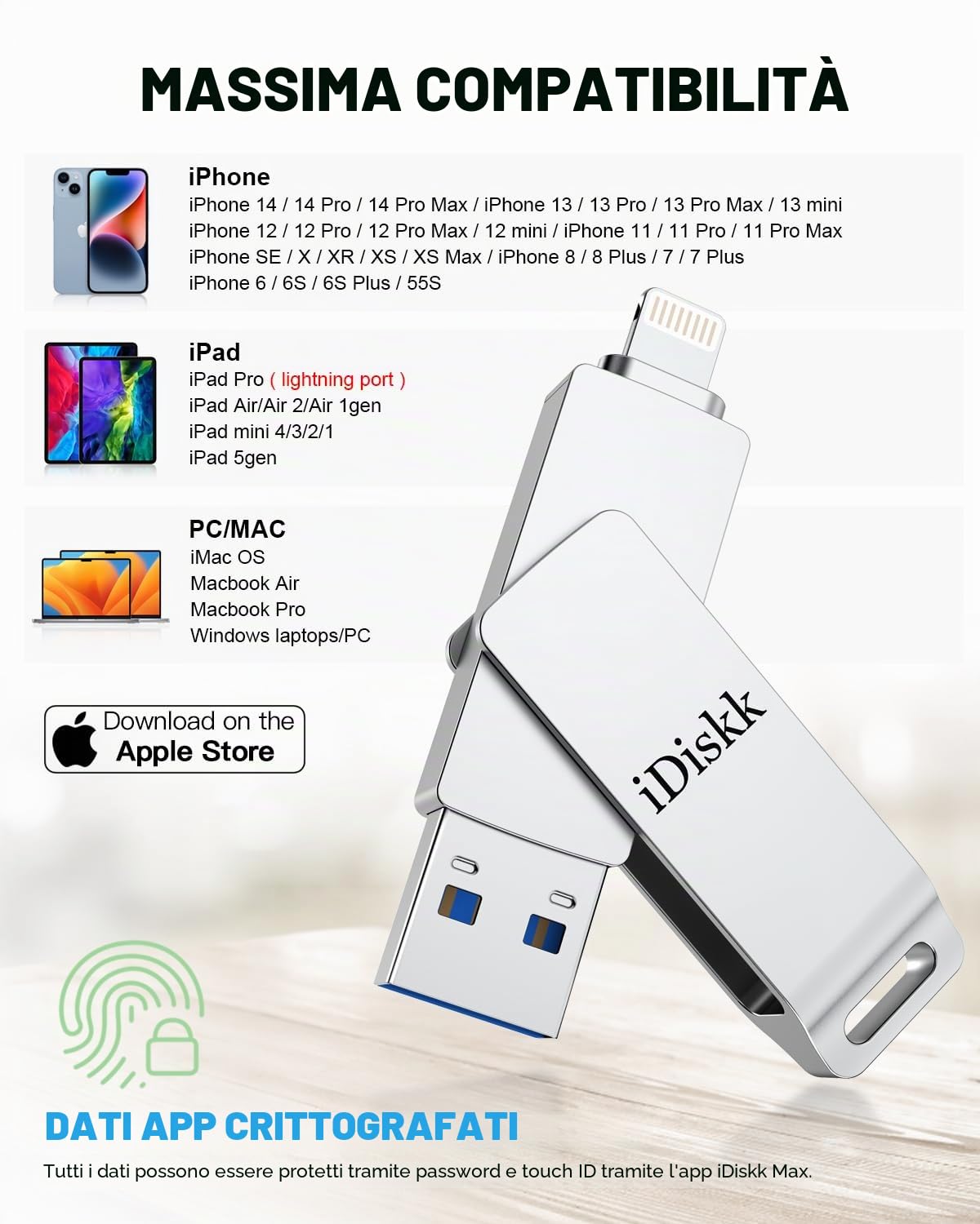 iDiskk 128GB Chiavetta lightning USB per iPhone Chiave fotografica certificata MFi per iPad, pendrive esterna memoria di backup Mac e PC