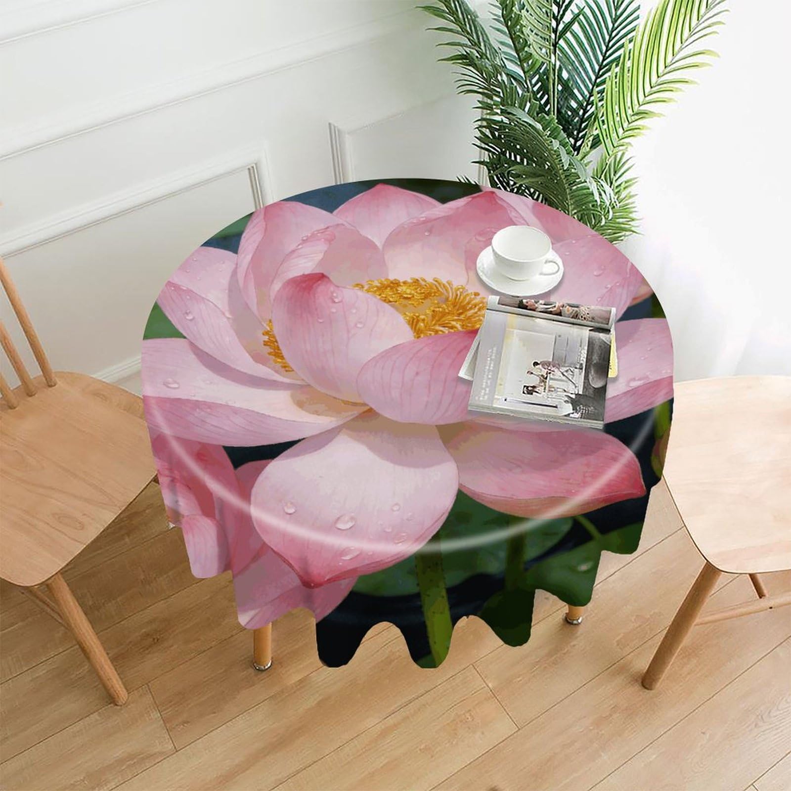 LZQPOEAS Clear Lotus with Dew Tablecloth Easy to Clean Polyester Round Table Cover Washable Round Table Cloth Wrinkle-Free Circle Decoration Tablecloth for Kitchen and Dining Room 60"