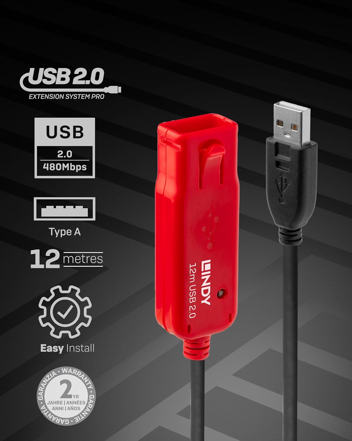Lindy 12 Meter USB 2.0 Active Extension Cable Pro (42782), 12m