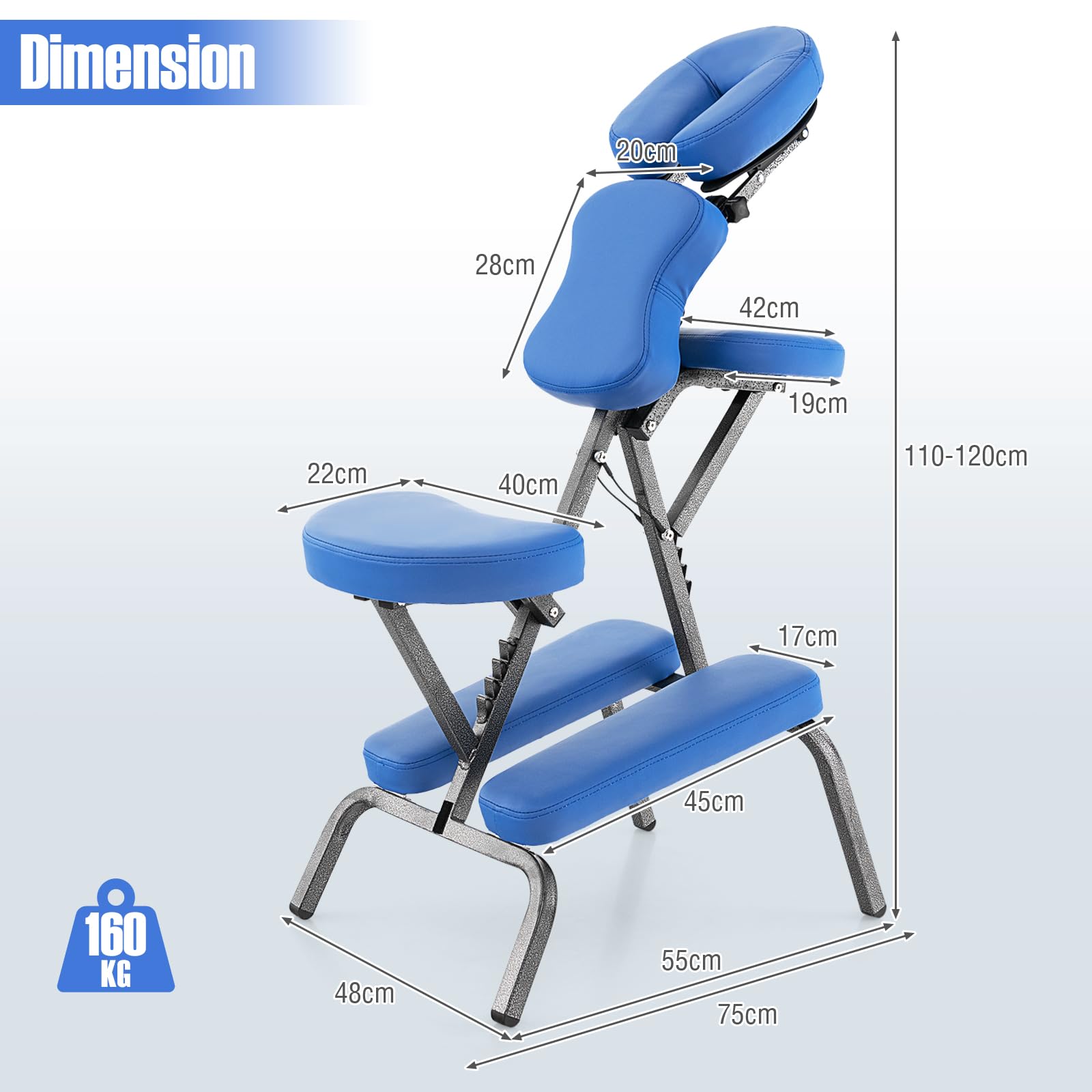 GOPLUS - Silla de masaje plegable con altura ajustable 110-120 cm, cojín con 24D esponja elástica de buena recuperación, diseño ergonómico, bolsa de transporte, carga 150 kg (azul)