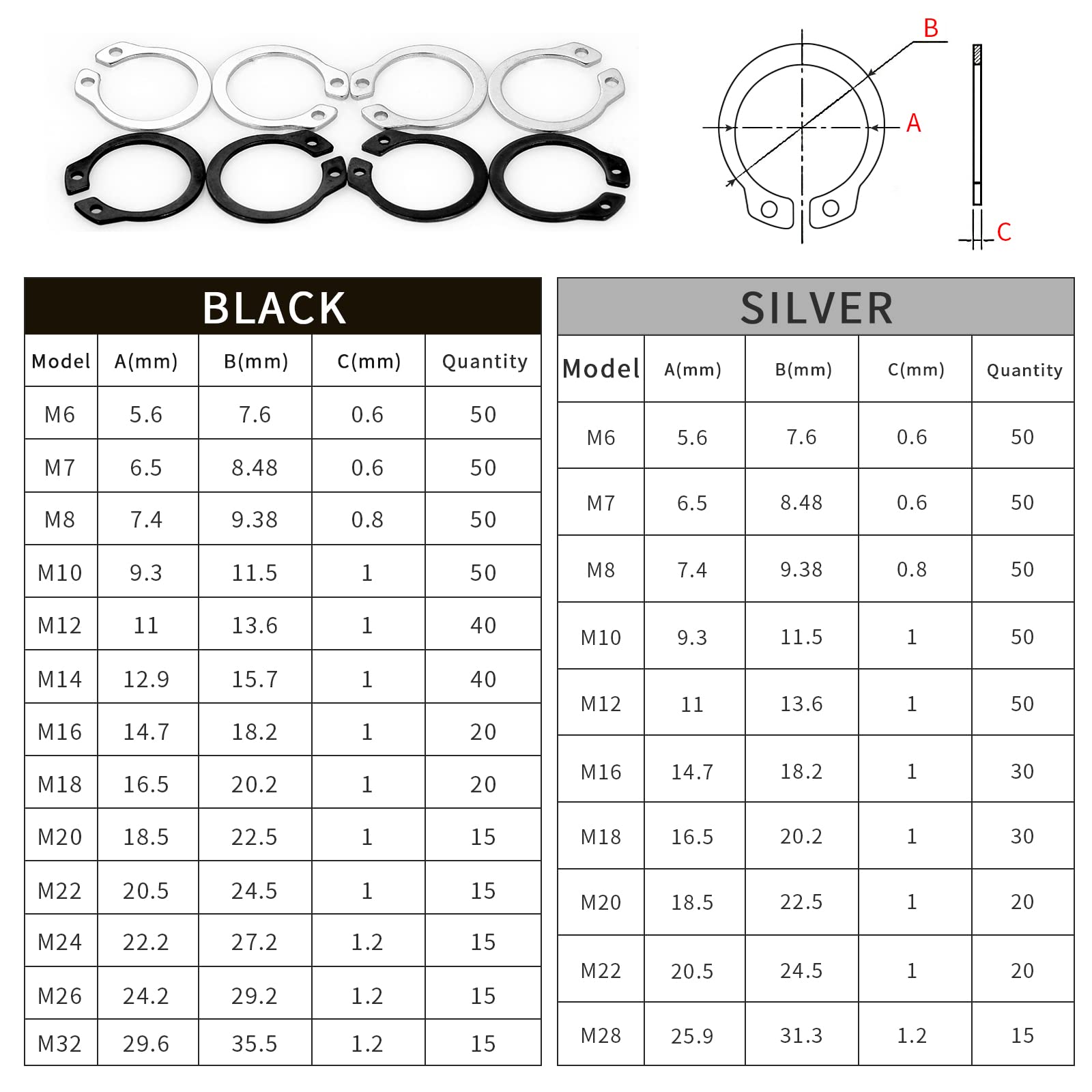 HSEAMALL Kit surtido de anillos de retención externos, juego de clips en C en ejes ranurados, pines, pernos (760 clips C negro + plateado)