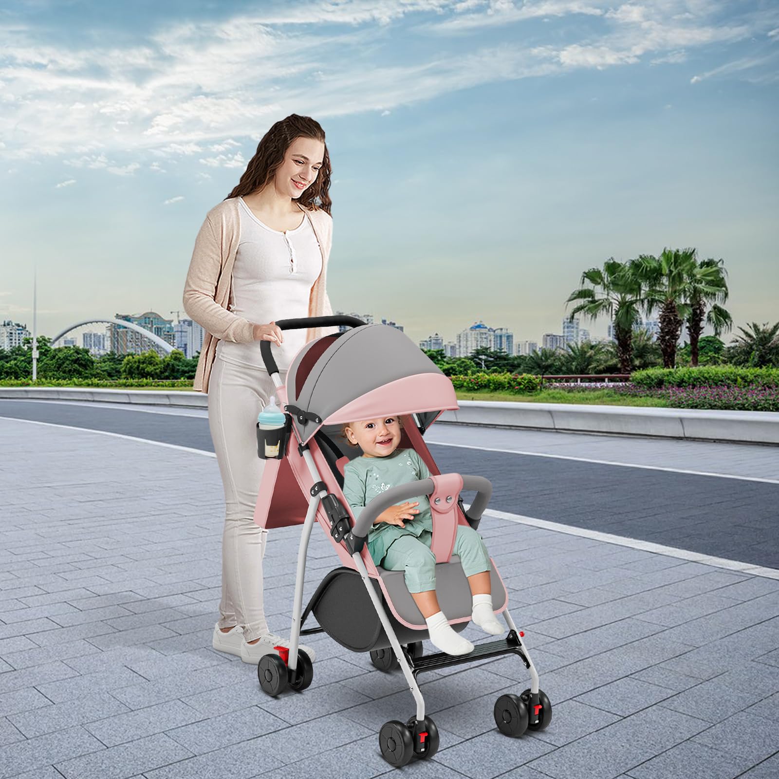 OHMG Passeggino Canne,25 kg,0-4 anni,Passeggino compatto per bambini pieghevole,Regolazione dello schienale fino alla posizione sdraiata, con cestello arancio,Sistema di piegatura