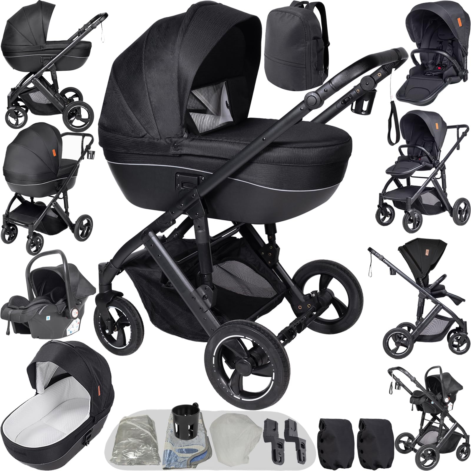 4 in 1 Baby Stroller Travel System, Pushchair 4 in 1 Set, Toddler Pram with Reversible Two Pushing Modes, Newborn Buggy Aluminum Frame, Infant Carriage One-Click Folding (V7 Black)