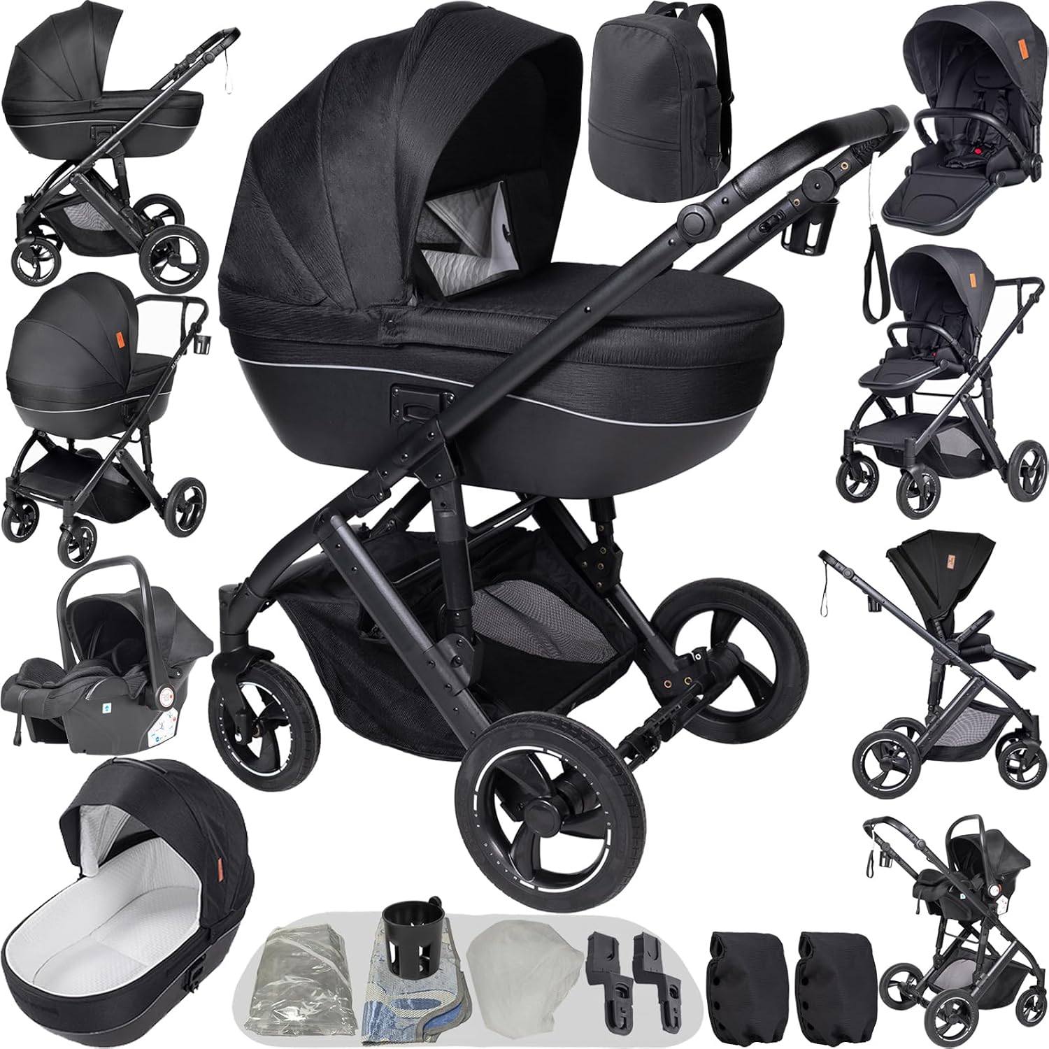4-in-1 Pushchair Buggy with Two Reversible Sliding Modes Pushchair with Frame Aluminium Alloy Combination Pushchair 4-in-1 Complete Set with One-Click Folding Design H2 Black