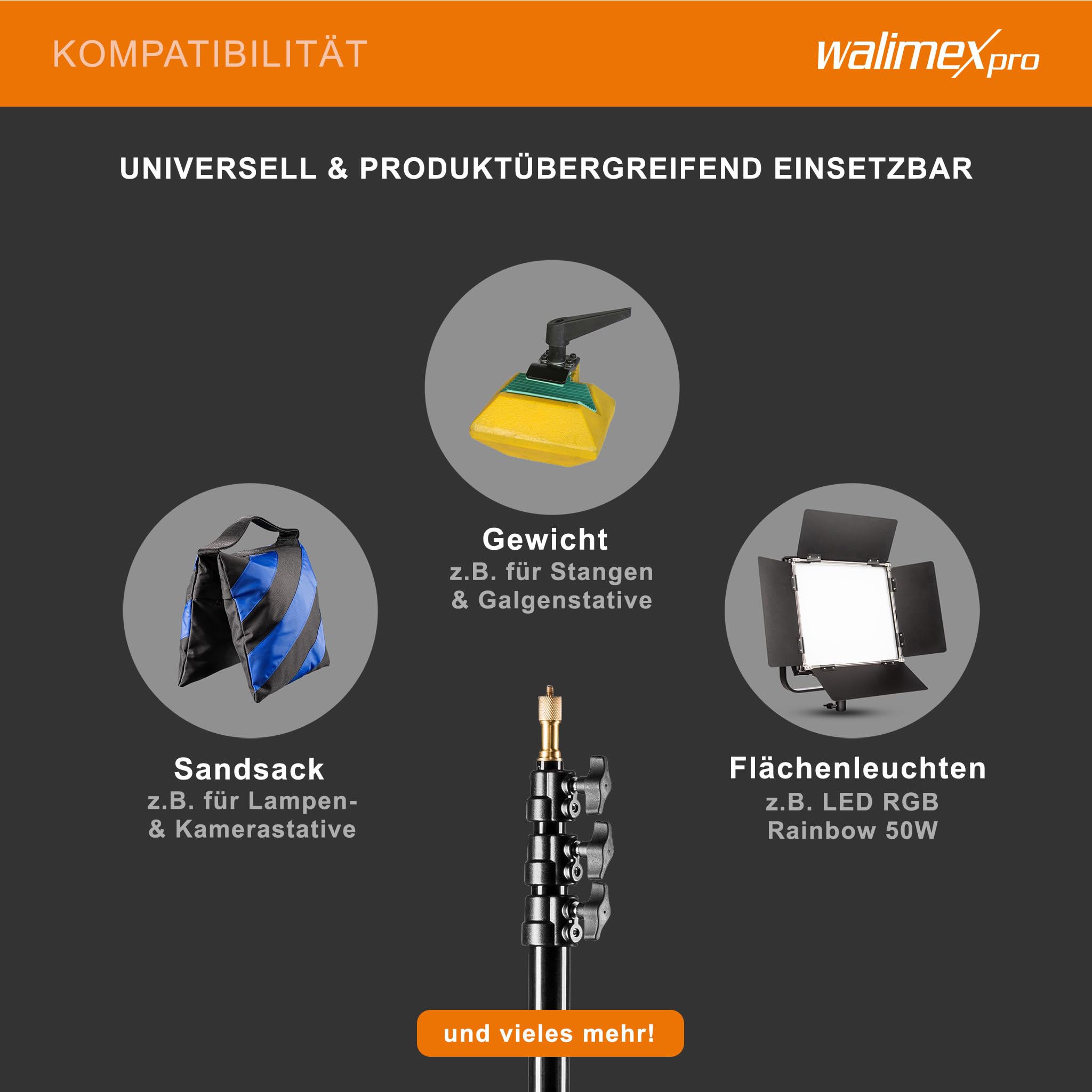 Walimex pro GN-806 Lampenstativ bis 215 cm Arbeitshöhe, Lichtstativ bis 5 kg Traglast, höhenverstellbares Blitzstativ aus Aluminium für Fotostudio und Mobil, für Video, Blitz, Softbox und Ringlicht