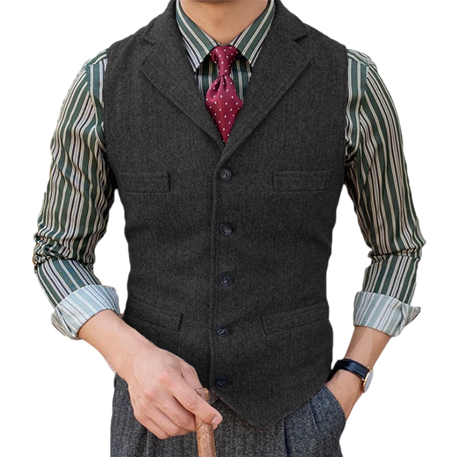 Generico Gilet Da Uomo In Tweed, Vintage, Con Revers, 5 Bottoni, Tasca, Classico, Casual, A Spina Di Pesce, Ideale Per Matrimoni, Feste E Oktoberfest.