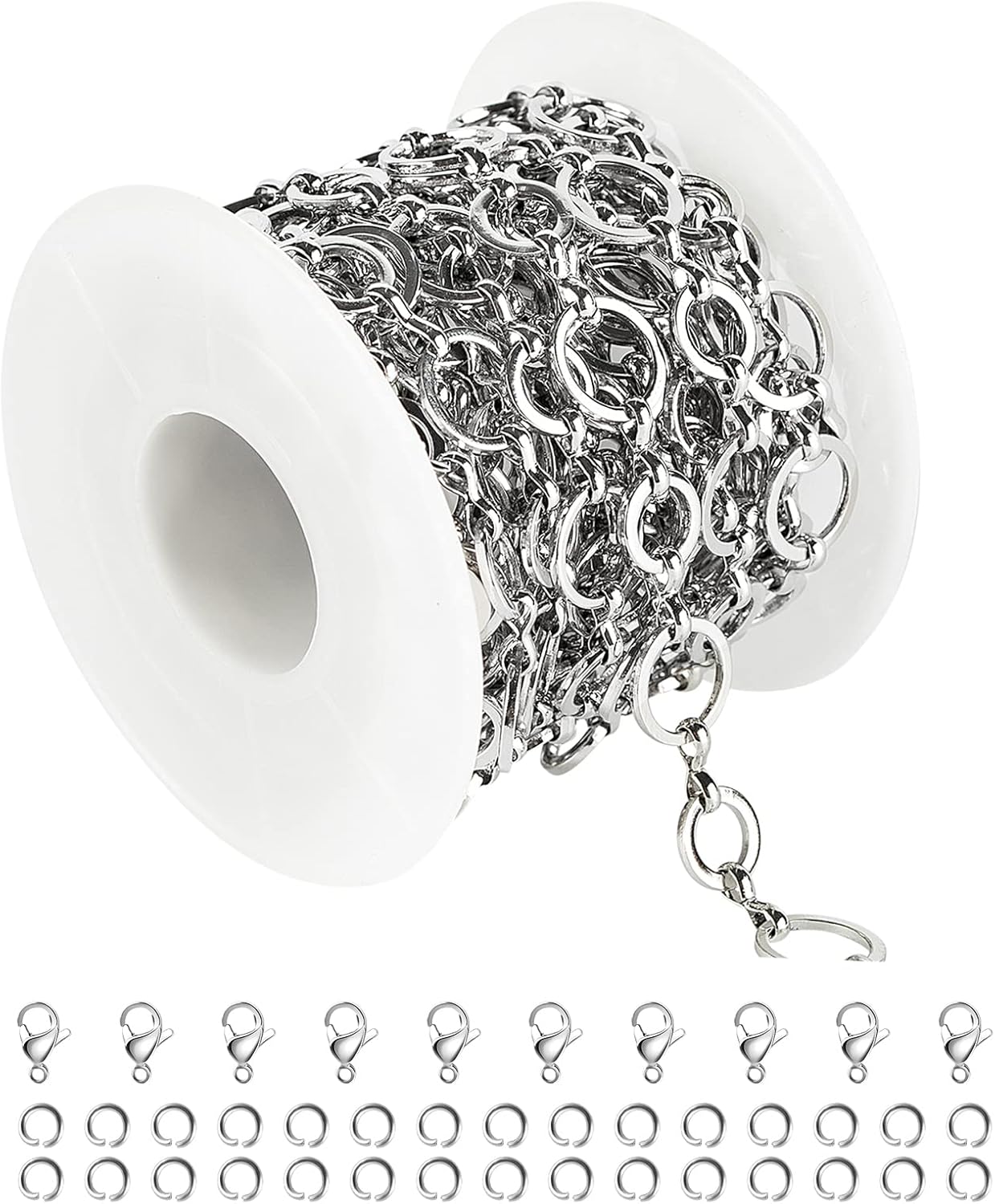 UMAOKANG 13 Feet Silver Jewelry Making Chains, Stainless Steel Circle Cable Necklace Chain with Jump Rings and Lobster Clasps Crafts Chain Bulk