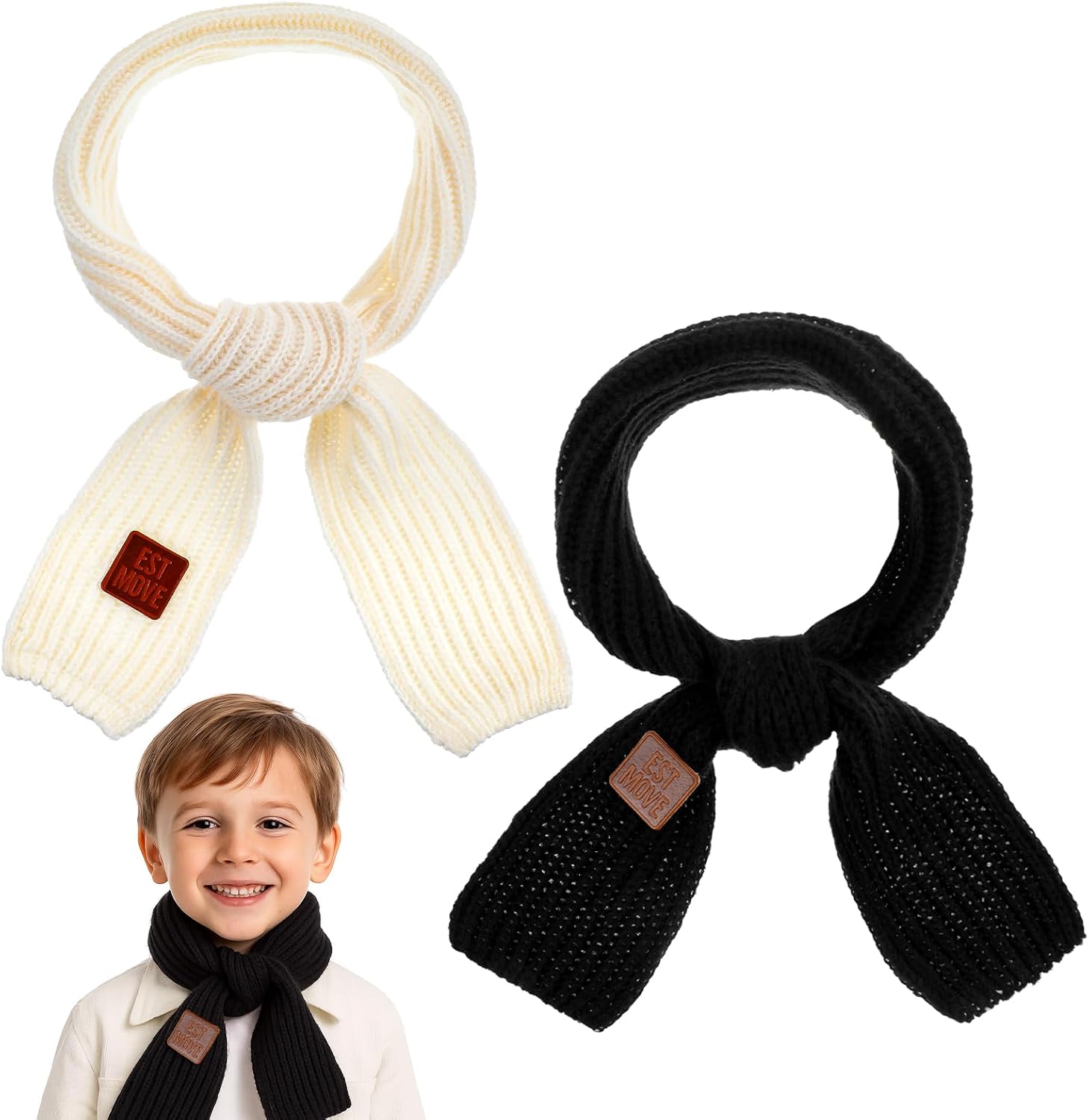 2Pcs Warm Kids Winter Knit Scarves, Soft Knitted Neck Warmer Toddler Scarf, Child Warm Scarves Wrap for Boys Girls, Kid Christmas New Year Gifts (Black, Beige)