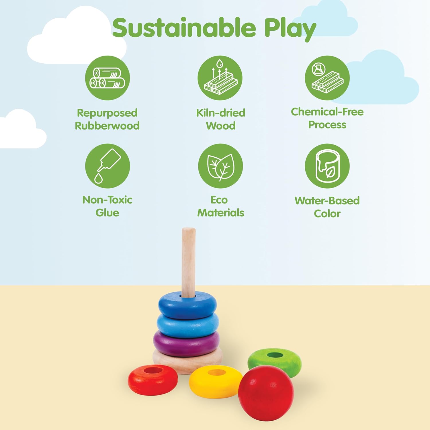 PlanToys® Wooden Stacking Ring for Montessori Inspired Fine Motor and Early Learning | Color Recognition, Problem Solving and Size Ordering Activity | Eco Friendly Wooden Stack Toy for Creative Play
