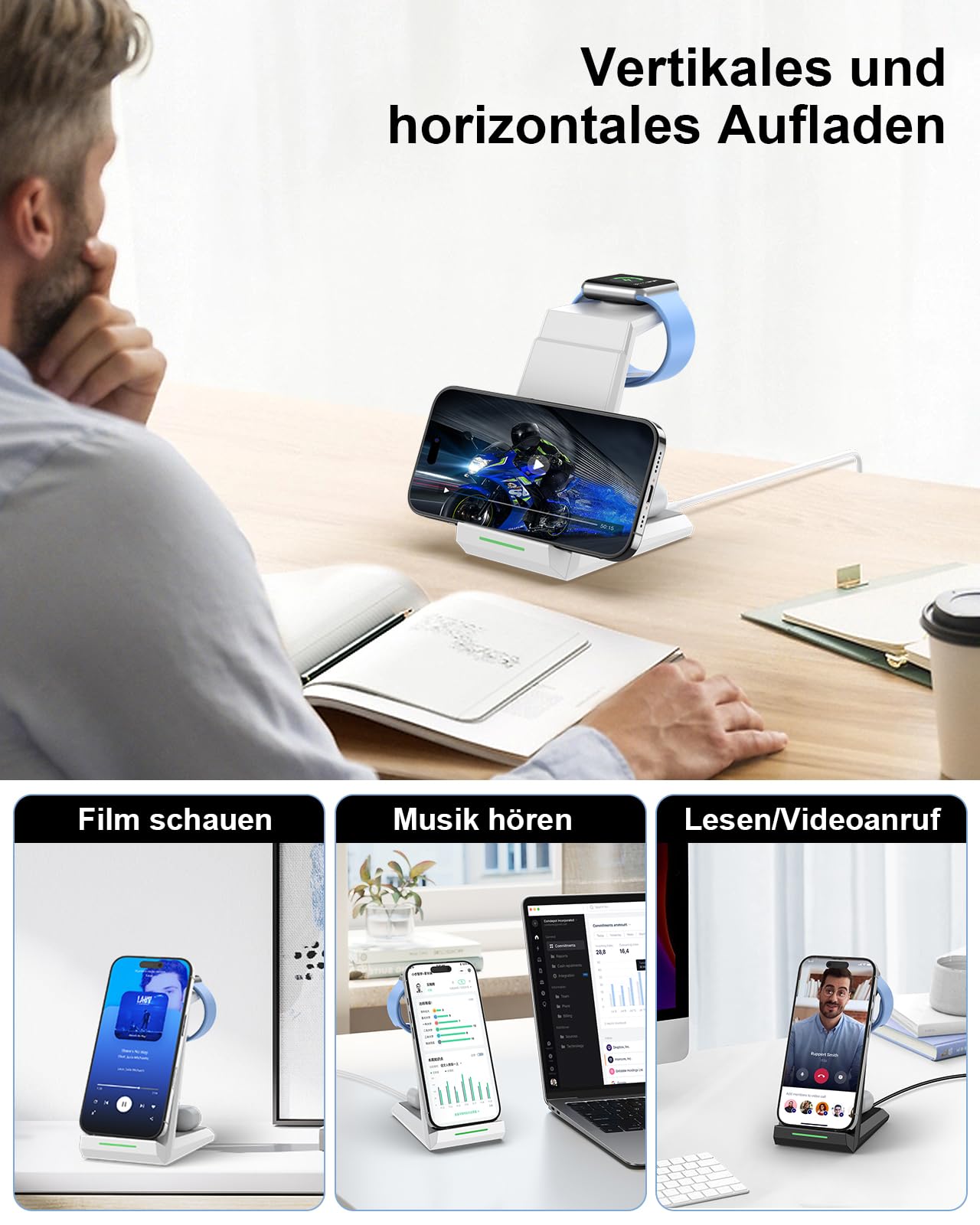 3 in 1 Ladestation Apple Watch und iPhone, ADADPU induktive Ladestation mehrere Geräte für iPhone 17 16 15 14 13 12 Series, iPhone Ladestation mit 20W PD Adapter für Apple Watch & AirPods 4