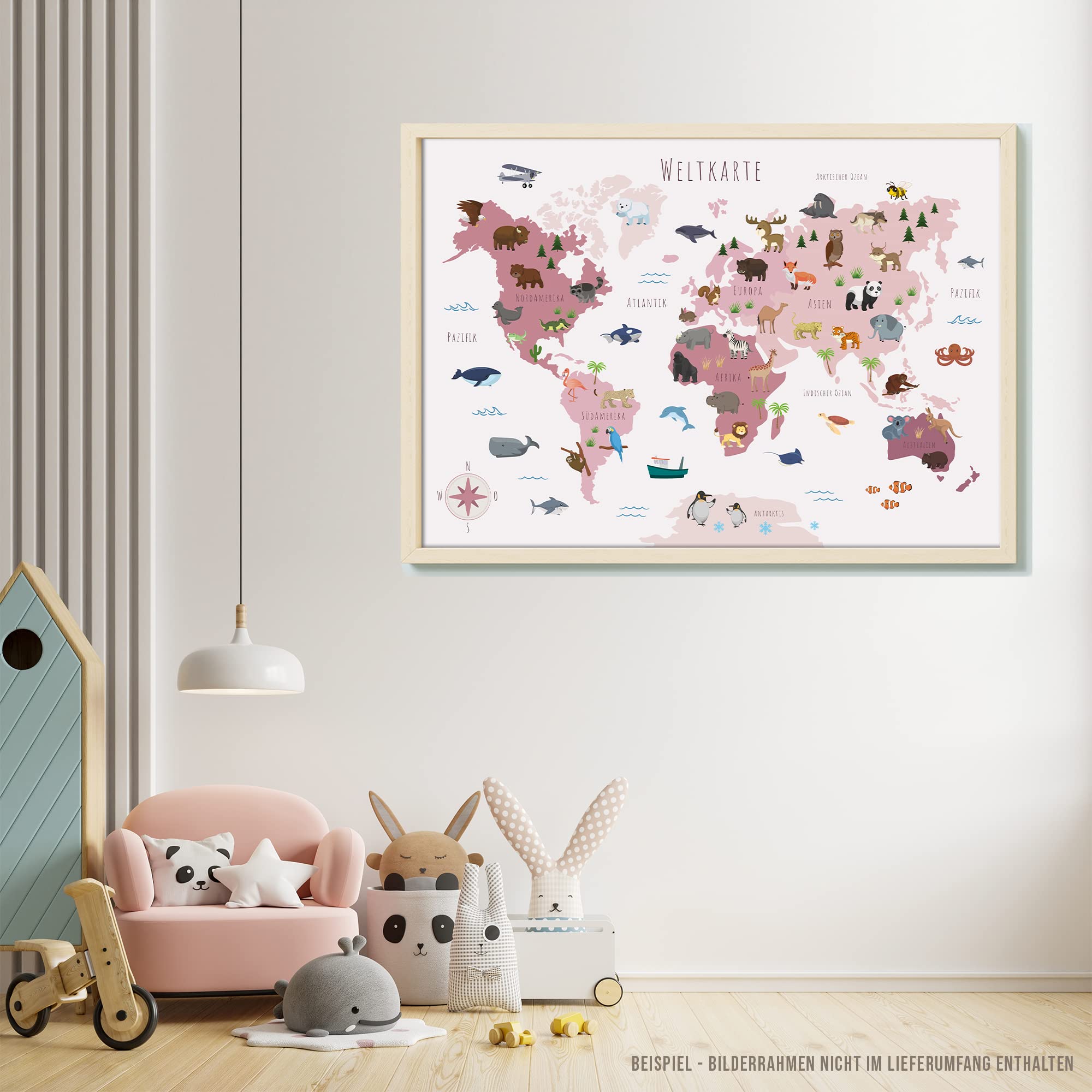 Kinderzimmer Weltkarte Poster mit mehr als 50 Tieren I Bunte Tierweltkarte Wanddeko für Jungen und Mädchen I Hochwertiger Druck (Rosa, 60x40cm)