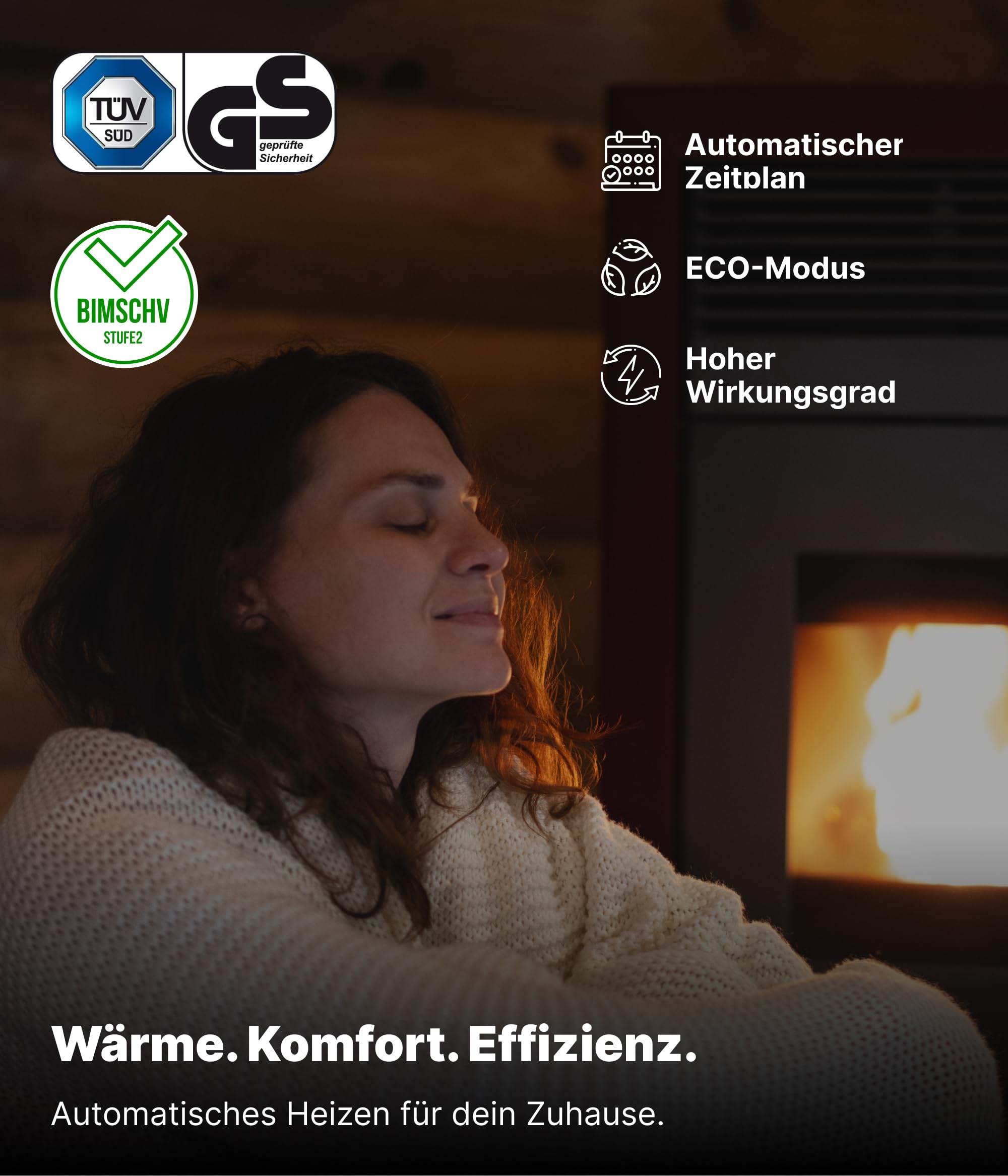 UMBRELLA® PR8 estufa de pellets 8,6 kW A+ hasta 220 m³, limpieza automática, ECO1/ECO2, programa semanal, mando a distancia, Wi-Fi Ready (opcional), protección por vacío y sobrecalentamiento, Negro