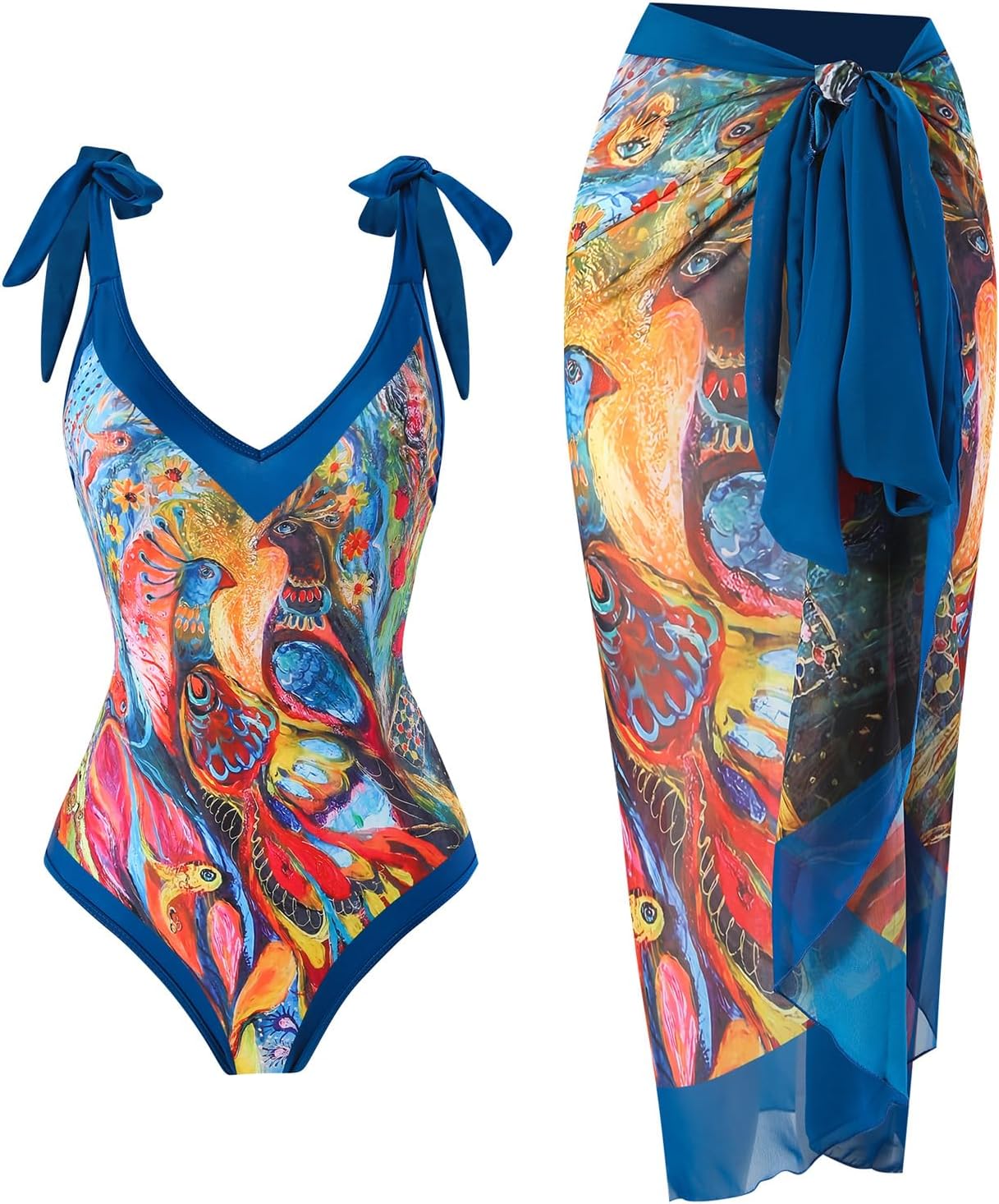 YUNAR Women Retro Deep Plunging One Piece Monokini Swimwear with Sarong 2 pcs Set, Small