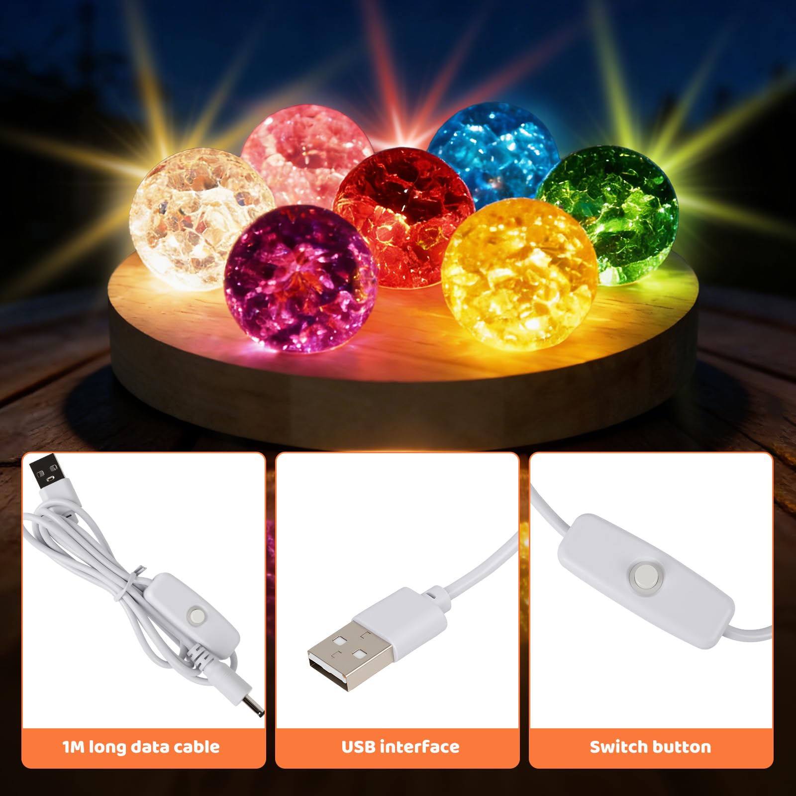 7 kolorowych szklanych kryształowych kul z lampą LED drewniany stojak, naturalne czakry kule nocne światło, obsługa USB, nowoczesny element dekoracyjny do salonu, 17,27 × 17,27 × 6 cm