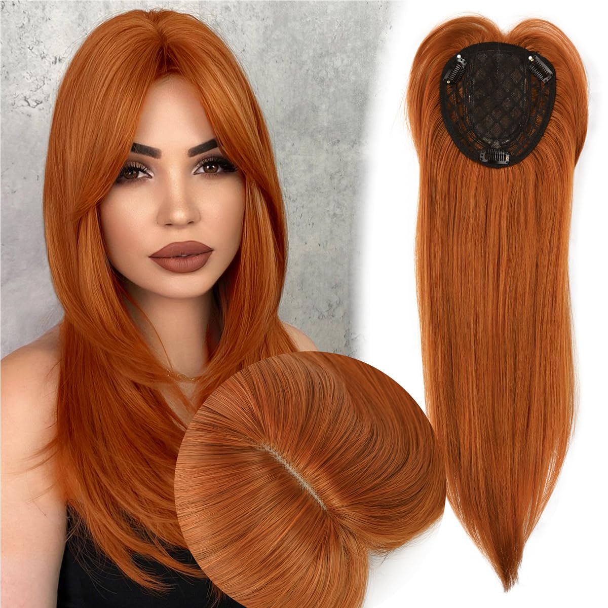 Reddish Brown auburn hair topper crown bang pcs Auburn Human Hair Topper With Bangs - Etsy main image 3