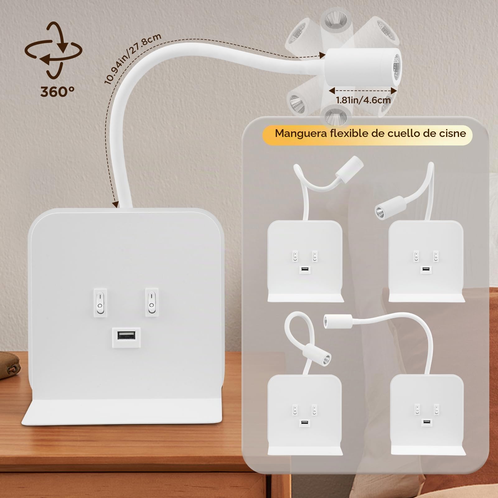 lampara de Pared LED 3W + 9W 3000K, lampara cabecero Cama con Puerto Cargadores USB y Bandeja para teléfono móvil, Apliques Pared Dormitorio Cuello de Cisne de 360°(Weiß, 2 Stück)