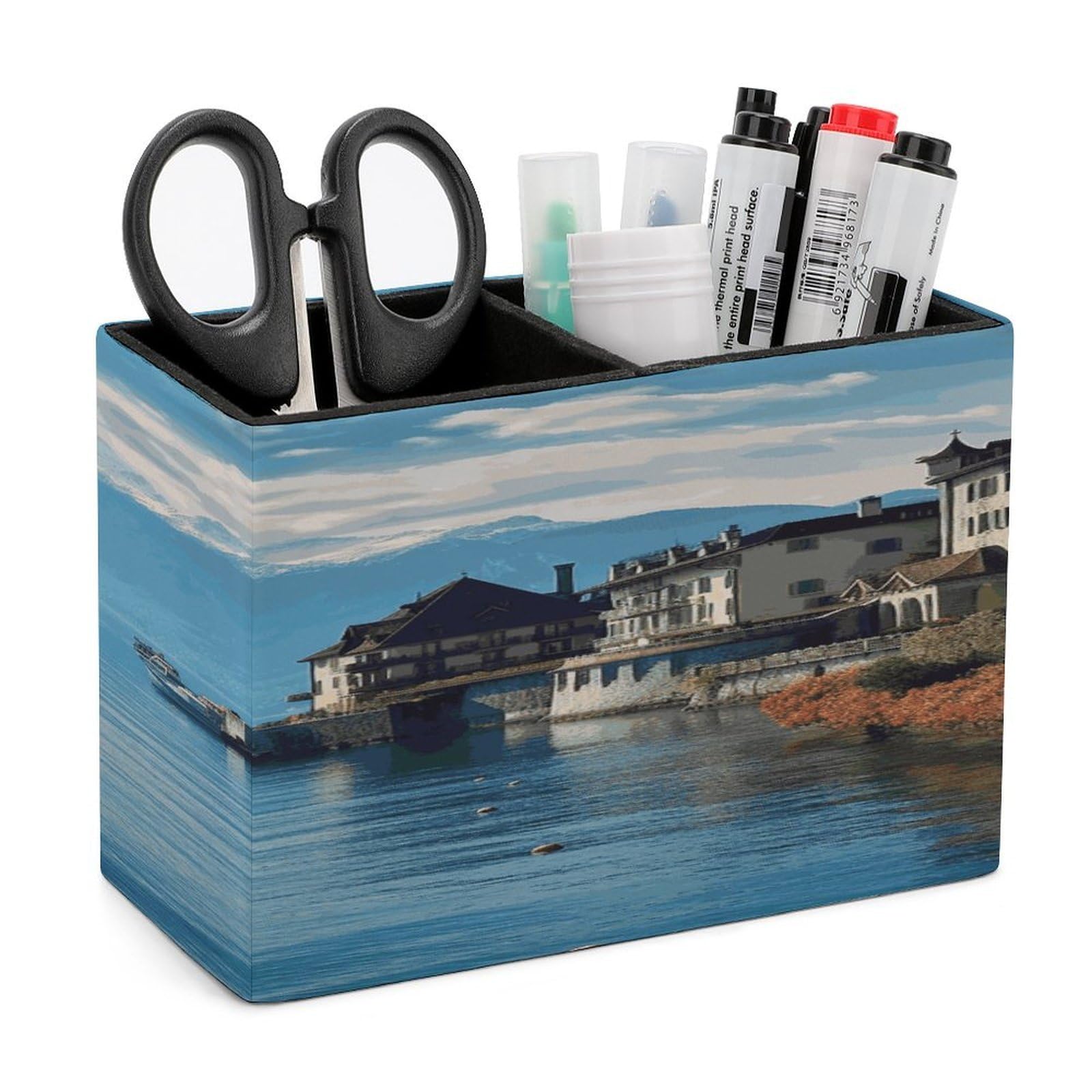 JTREHY Lake Geneva Switzerland Pencil Holder Exquisite Fashion Leather Pen Receptacle Soft High-End Pen Container for Office Home Accessories Or Housewarming Present