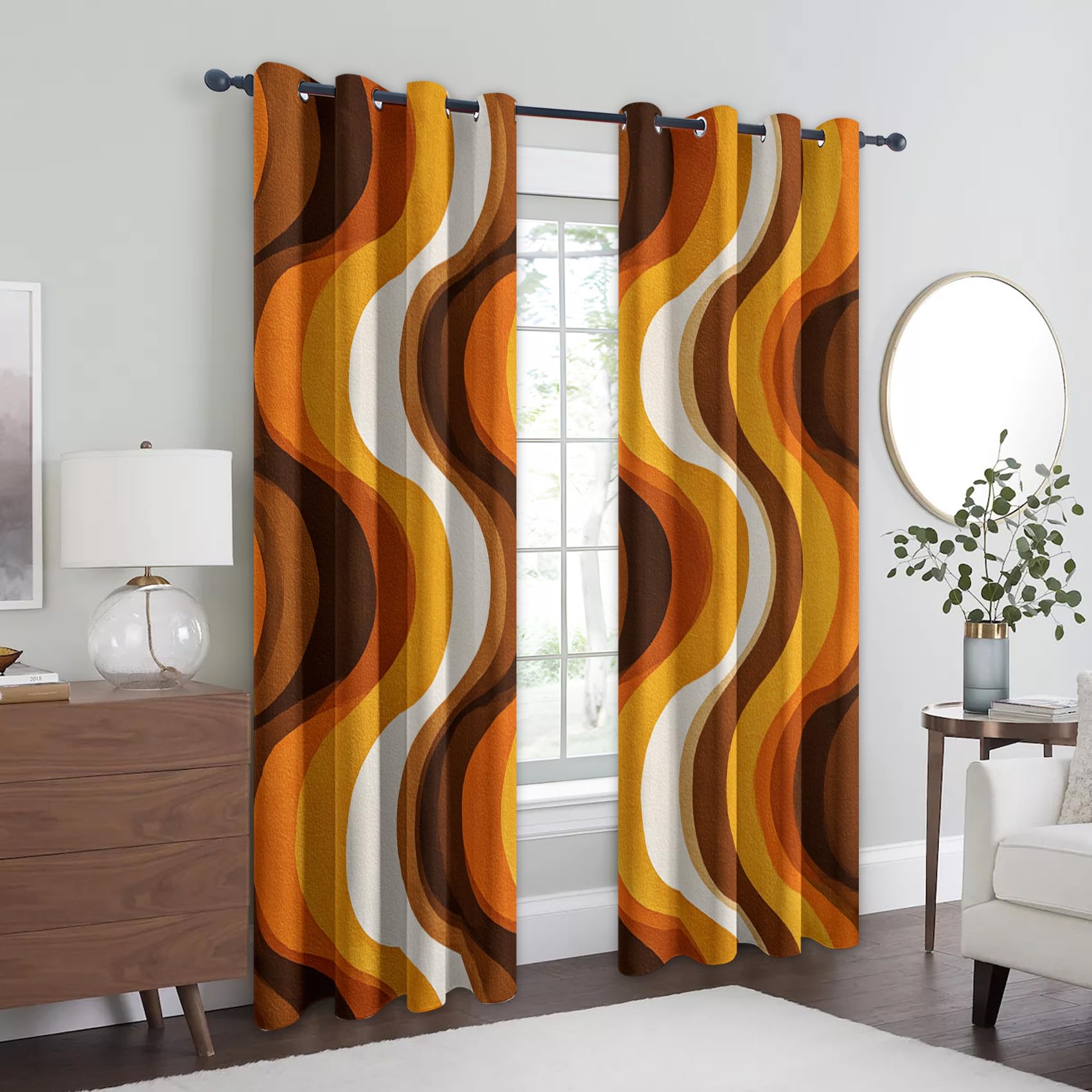 Generisch Retro 70er Jahre Vorhang Blickdicht 2er Set, H 245 x B 140, 95% Verdunklung, Abstrakt Welle Gestreift Vorhänge für Wohnzimmer Schlafzimmer Deko, Thermo Fenster Gardinen mit Ösen RSE226