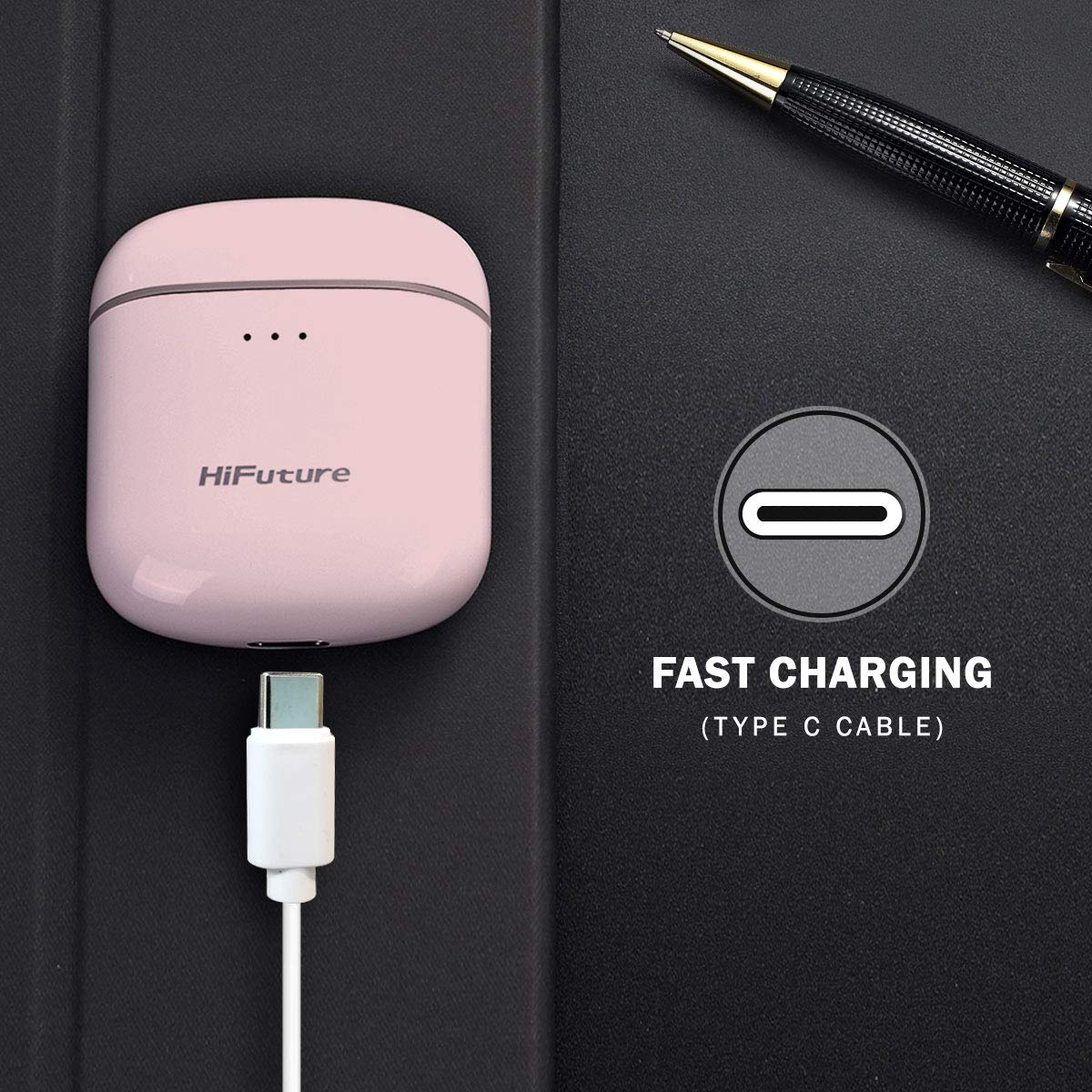 HiFuture FlyBuds charging case connected to a USB Type-C cable for fast charging.