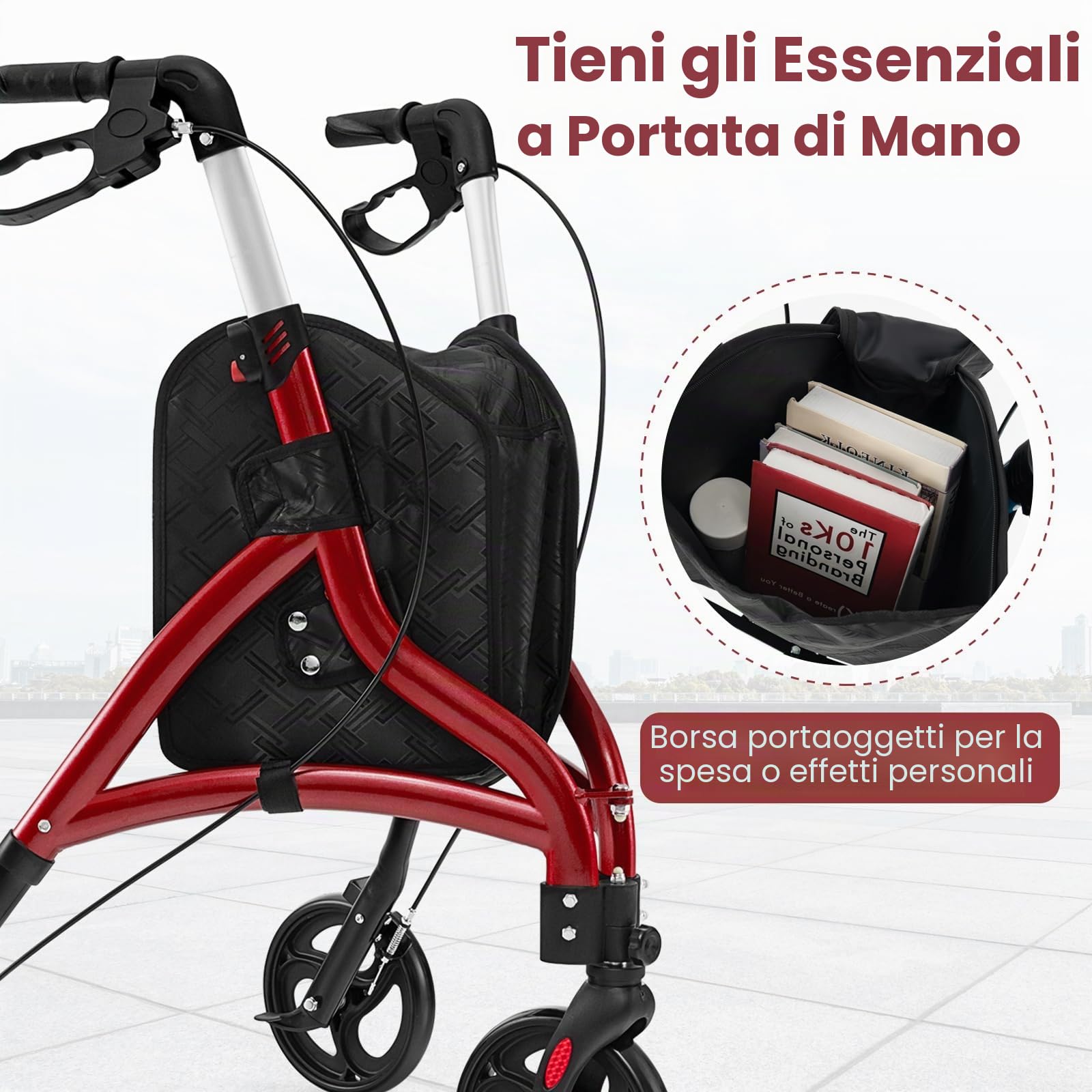 HOMASIS Rollator Pieghevole a 3 Ruote in Alluminio Leggero, Ausilio alla Deambulazione Regolabile in Altezza, con Sacca Portaoggetti per Tutti i Tipi di Terreno per Anziani, Disabili (Rosso)