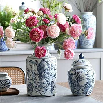 ZHOUXIAO Blue and White Ceramic Ginger Jar Vase with Lid,Traditional Chinese Decorative Porcelain Floral Temple Jar,Bird Flower Vases Jar Decor for Living Room Shelf Bookshel Blue-F