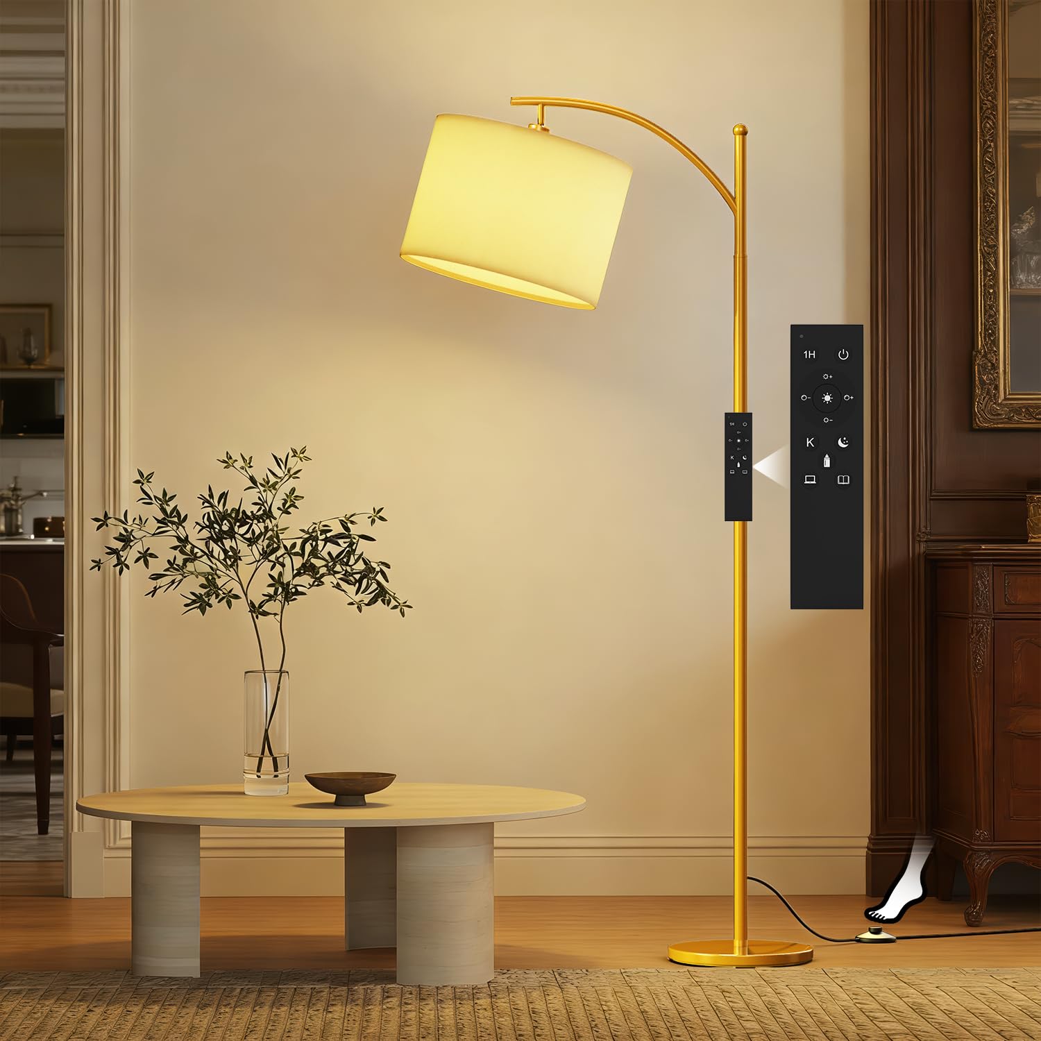 GLUROO Lampadaire Or avec Télécommande,Lampadaire sur Pied Salon avec 3 Couleurs Changeantes,Luminosité Continue,Lampe sur Pied avec Ampoule à Intensité Variable pour Chambre à Coucher,Bureau