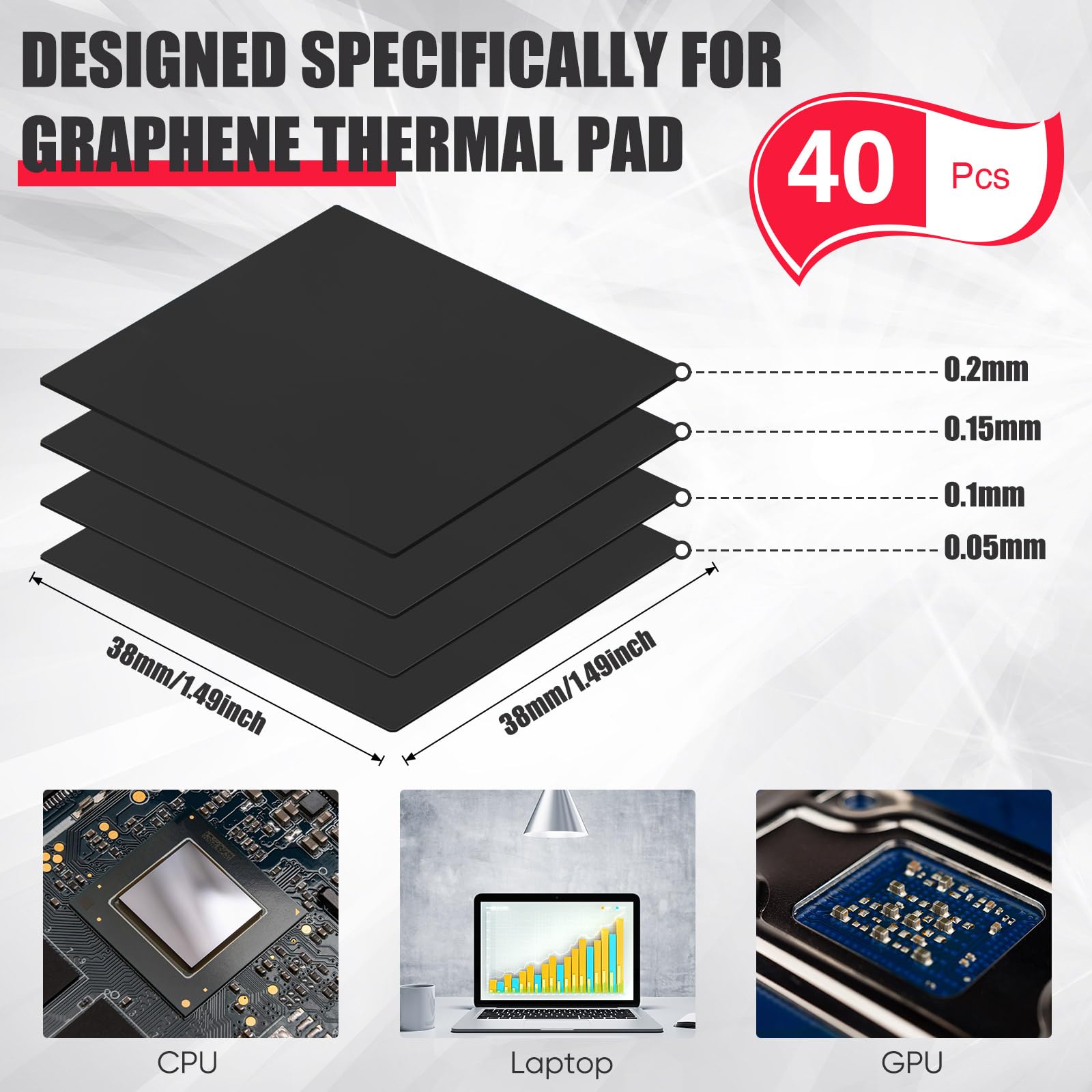 Threlaco 40 almohadillas térmicas de grafeno de 38 x 38 mm, alta conductividad, alternativa de pasta de CPU