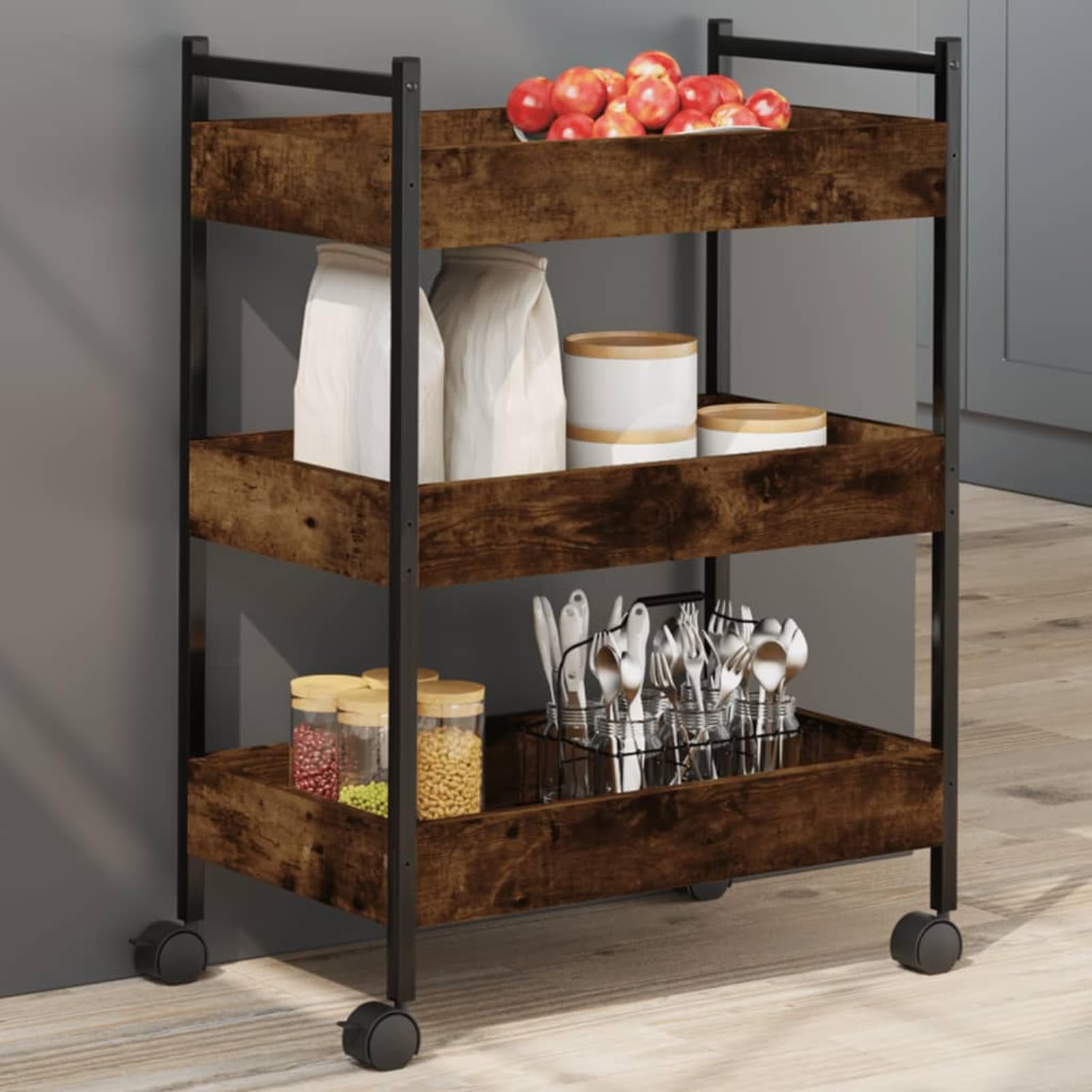 SmokedKitchen Trolley Cart - 19.7"x11.8"x27.6" - Engineered Wood, Stylish Storage & Mobile Kitchen Island, Model 842358 - Perfect for Small Spaces