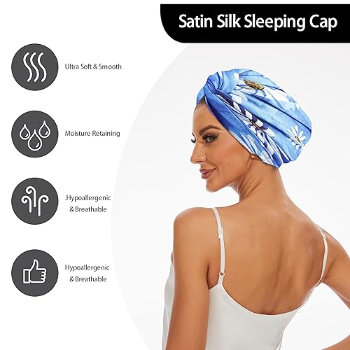 Miniatura 20 de Gorro de satén de seda ajustable para envolver el cabello para dormir, gorro de dormir de doble capa, turbante nocturno para cabello largo y rizado