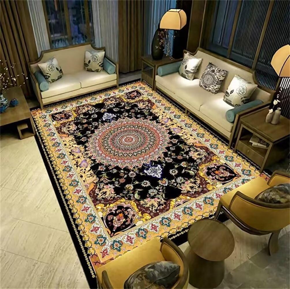 Tapis pour chambre à coucher 120x120cm long couloir design floral noir et jaune