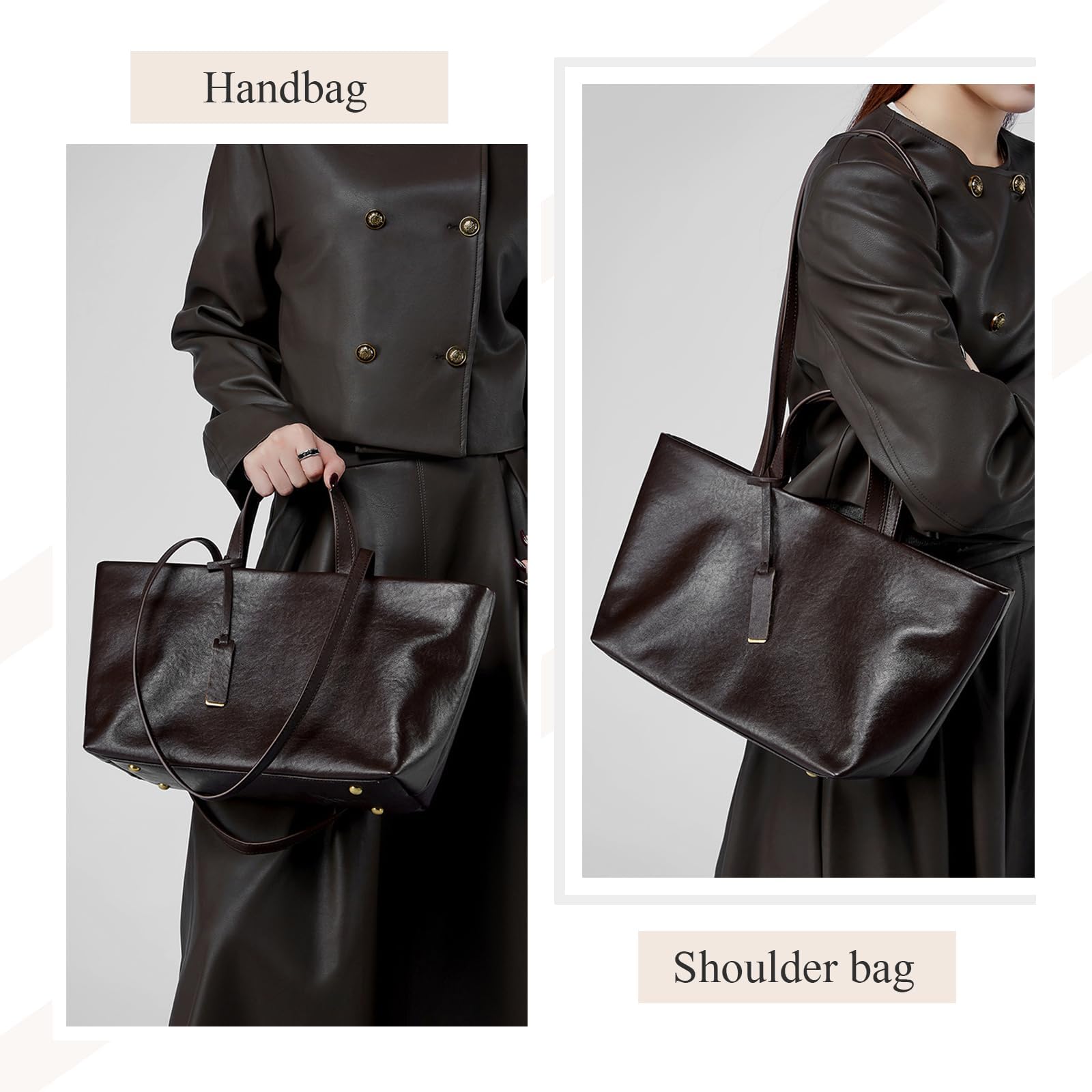 Bolso de mano de piel auténtica para mujer: espacioso y versátil con asas dobles y correa de hombro desmontable, ideal para el trabajo, la escuela y los viajes (marrón)
