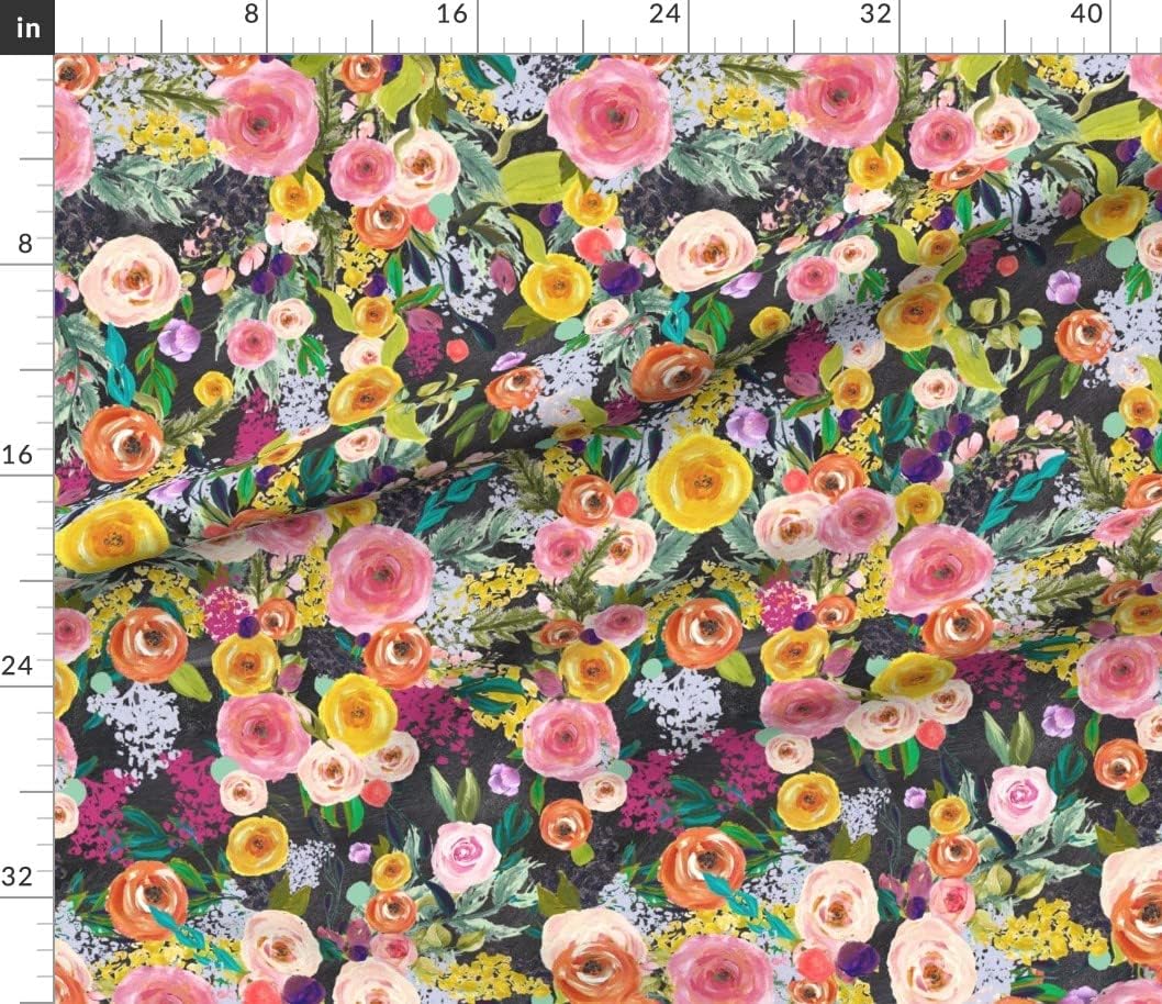 Spoonflower Fabric - Autumn Blooms Floral Print Chalkboard Large Colorful Flowers Black Printed on Petal Signature Cotton Fabric by The Yard - Sewing Quilting Apparel Crafts Decor