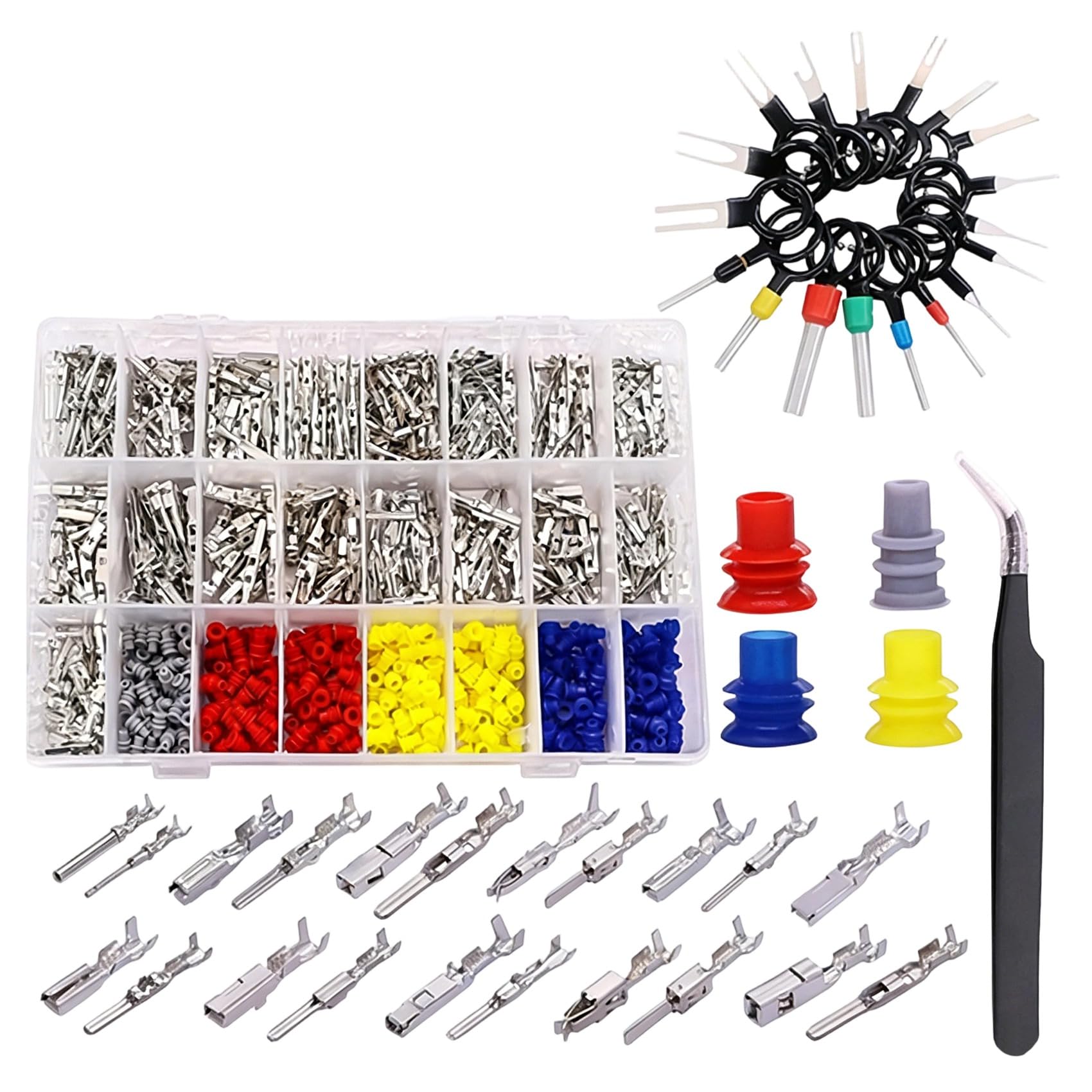 muqeu 755Pcs Car Electrical Wire Terminal Pins Connector Kit 1/1.5/1.8/2.2/2.8/3.5mm 21Type Connector Pins Terminal Auto