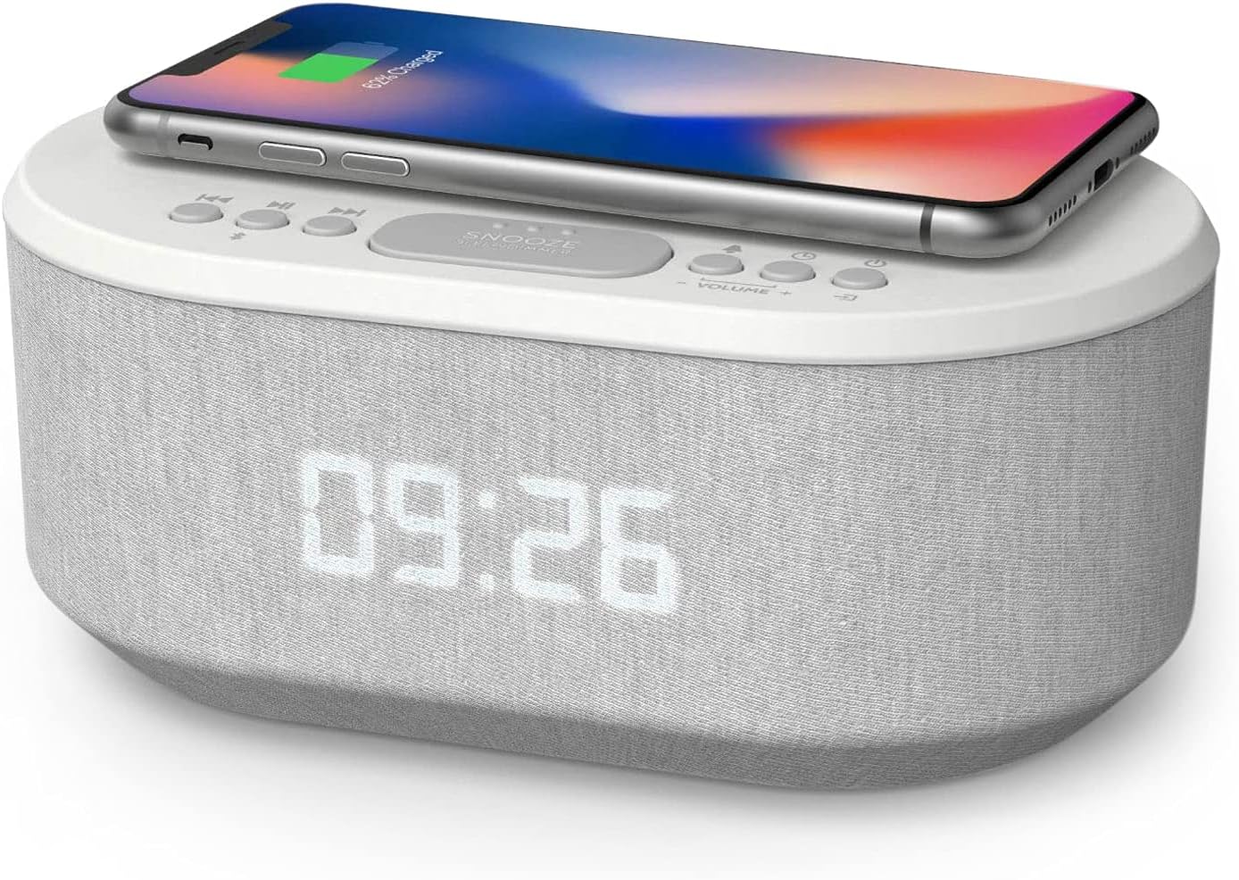 Bedside Wireless Charging Radio Alarm Clock with Dimmable LED Display - Non Ticking Mains Powered Dual Alarm Clock with USB Charger and Bluetooth Speaker
