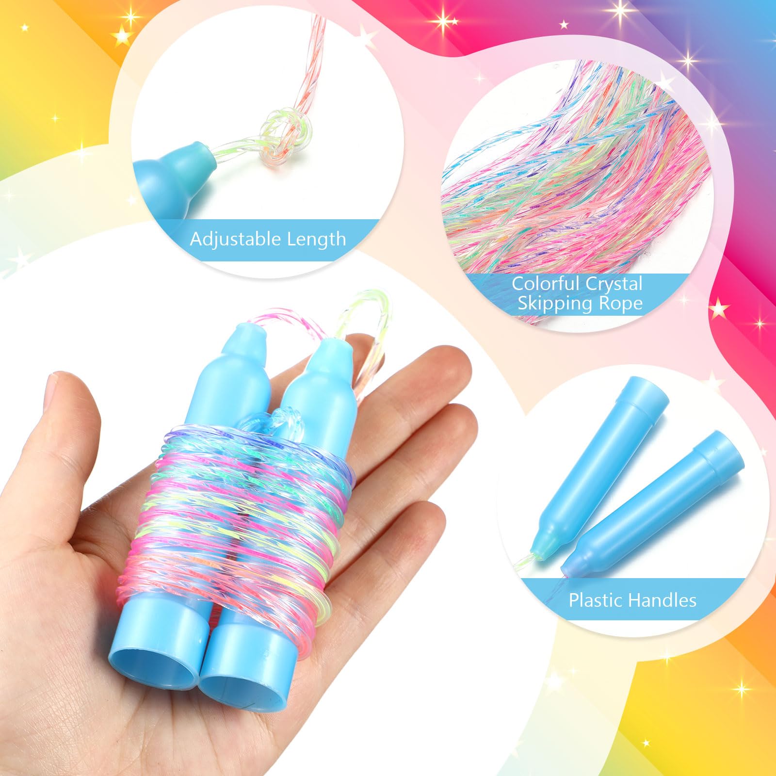VioraWhite 30 Sets zum Jahresende inklusive 30 Regenbogen-Springseilen, 30 Geschenkkarten mit 1 Rolle blauem Band, 1,9 m, buntes verstellbares Springseil-Set für Preise, Sommerparty,