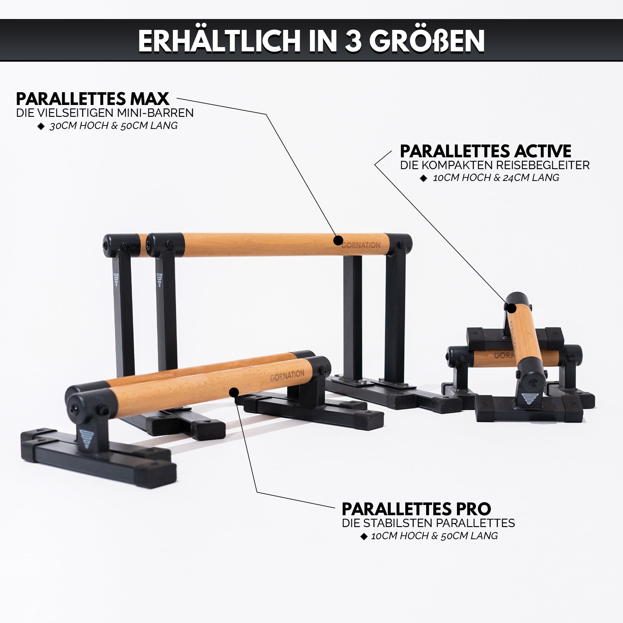 GORNATION Parallettes, inkl. Grip Tape, Calisthenics Equipment für Handstand & Push Ups, Liegestützgriffe mit Griffen/Stangen aus Holz, Push-Up Bars für Fitness zuhause & Outdoor