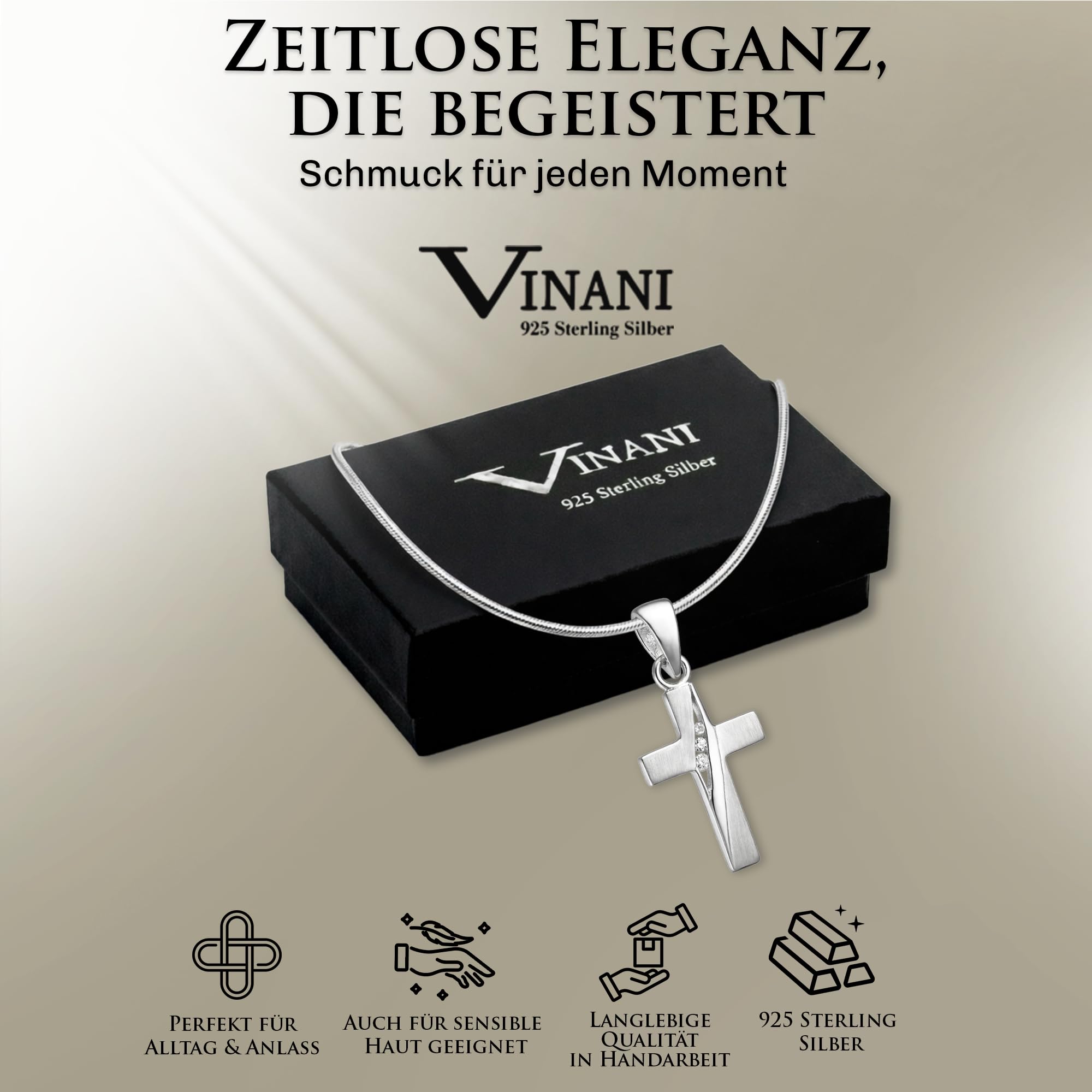 Vinani Pendentif Design Croix petit avec Zirconia blanc mat avec Chaine Serpent Argent Sterling 925 Chaine Italie AKKZ-S00