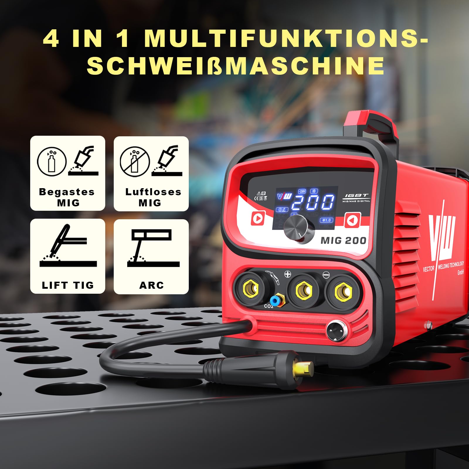 VECTOR WELDING MIG Schweißgerät 200 A Set, Fülldraht Schweissgerät, Elektrodenschweißgerät mit Digitales Display Leistungsstark für vielseitiges MIG, MAG und MMA Schweißen