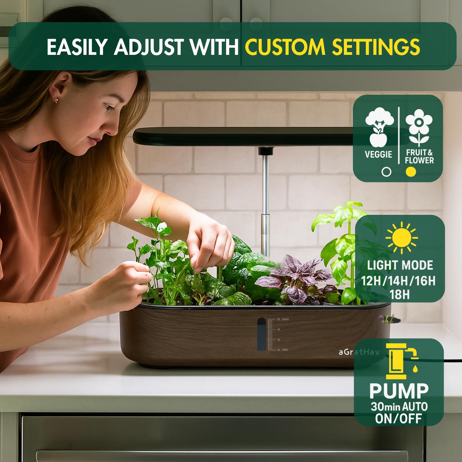 Kit de sistema de cultivo hidropónico, jardín de hierbas para interiores, pantalla LCD mejorada, 14 cápsulas, luz LED de crecimiento silenciosa, bomba de agua inteligente, temporizador